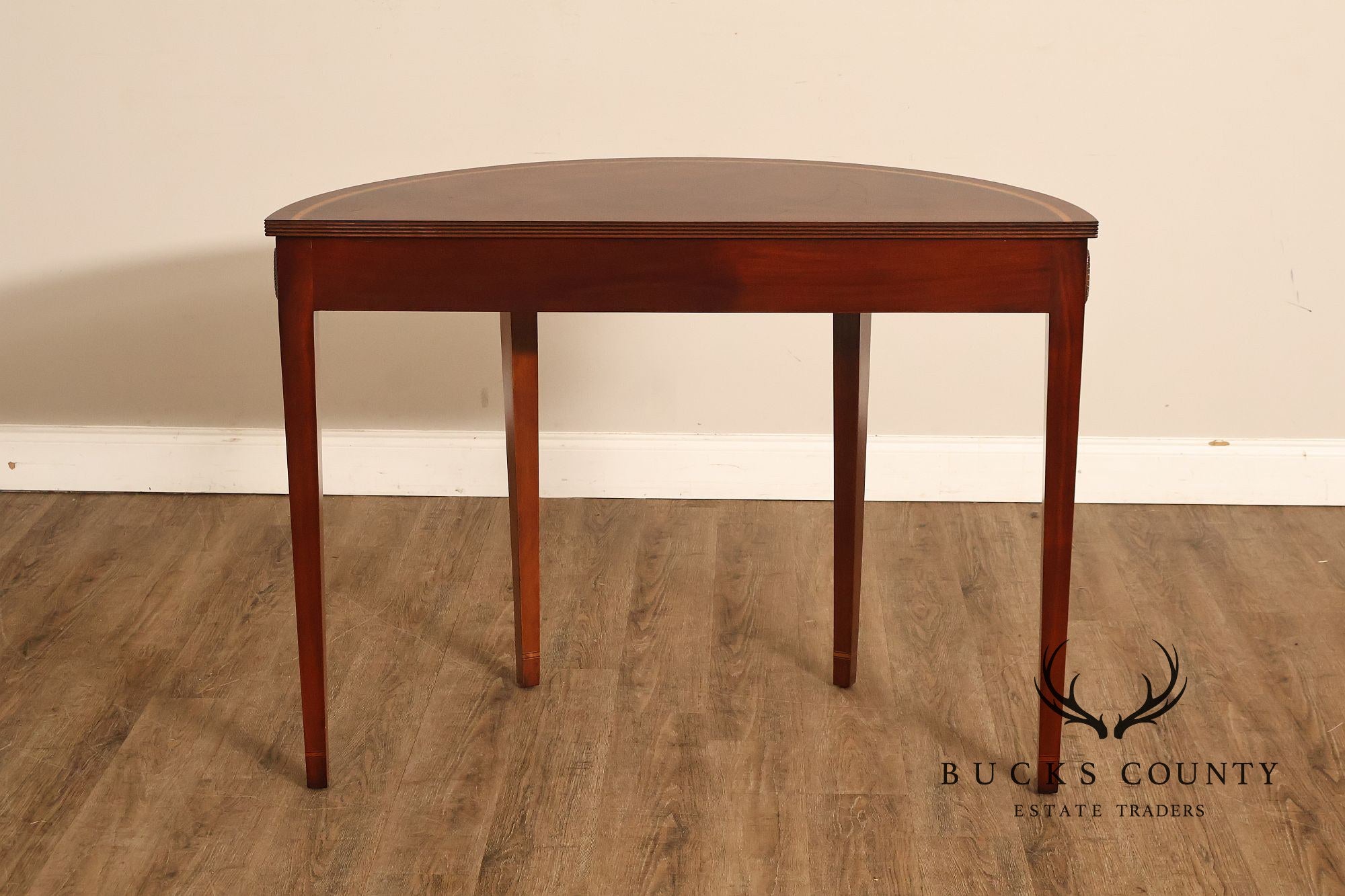 Custom Mahogany Inlaid Demilune Console Table
