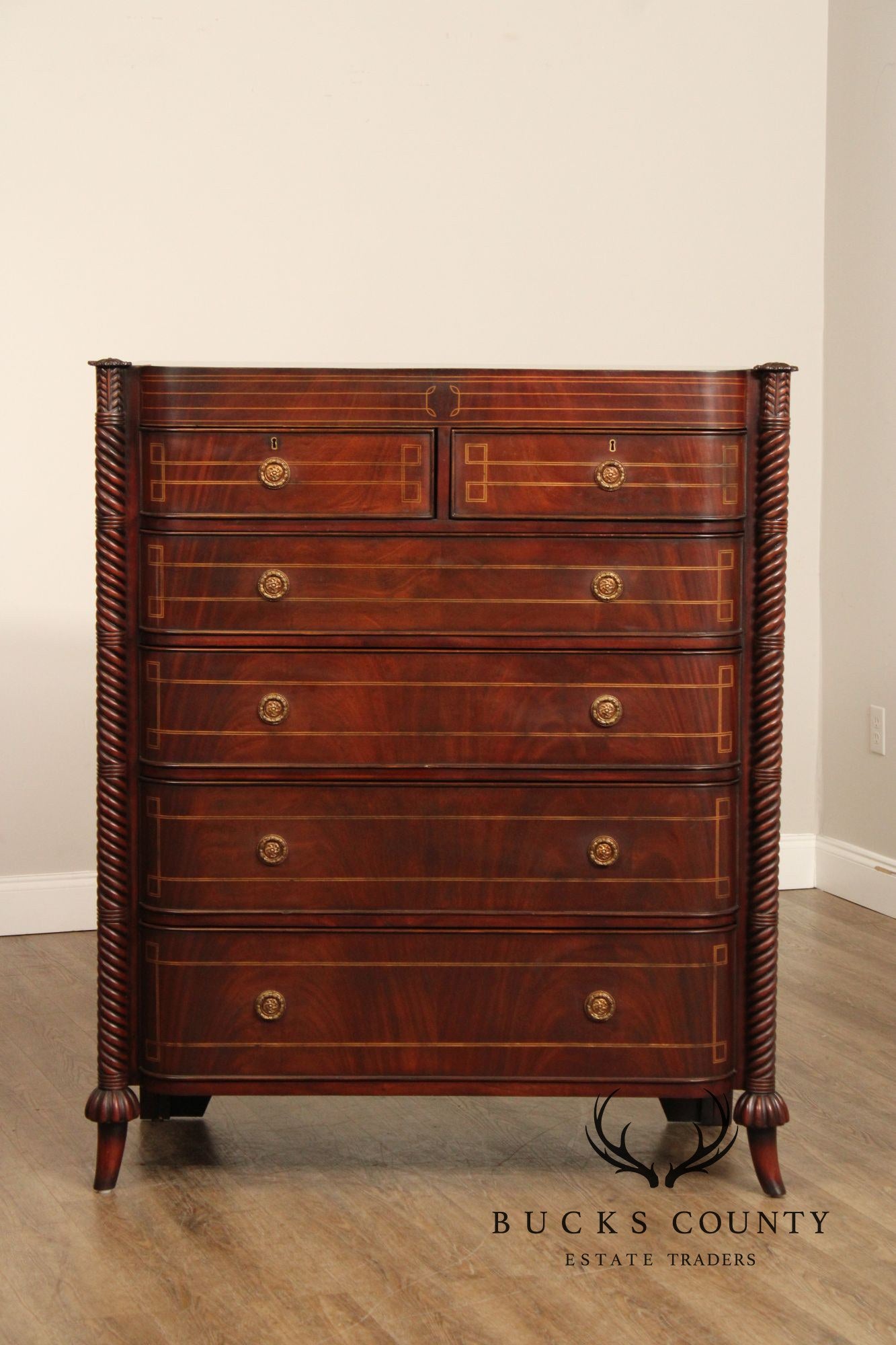 Edwardian Style Custom Mahogany Inlaid High Chest Of Drawers