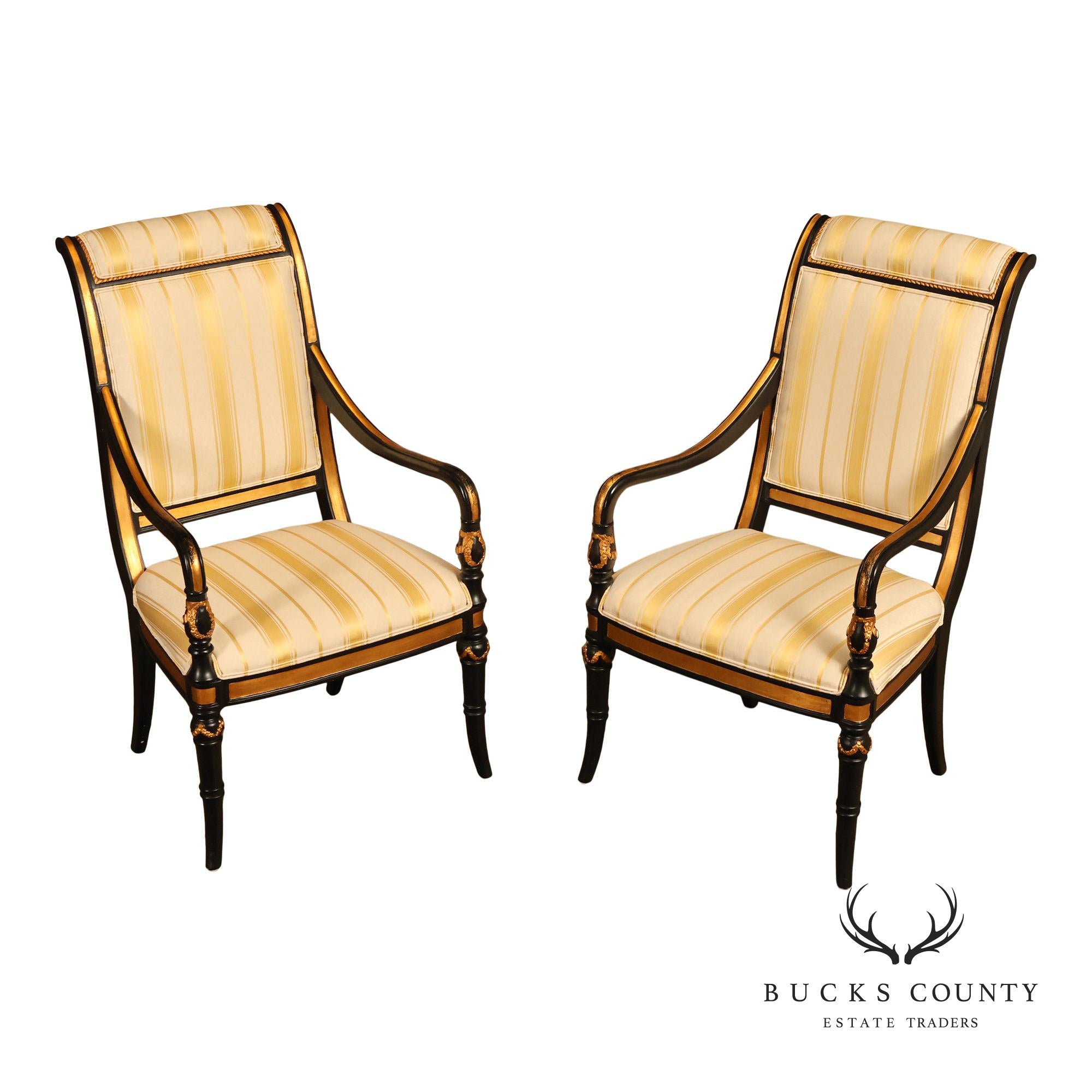 Ferguson Copeland Regency Style Pair of Ebonized Armchairs