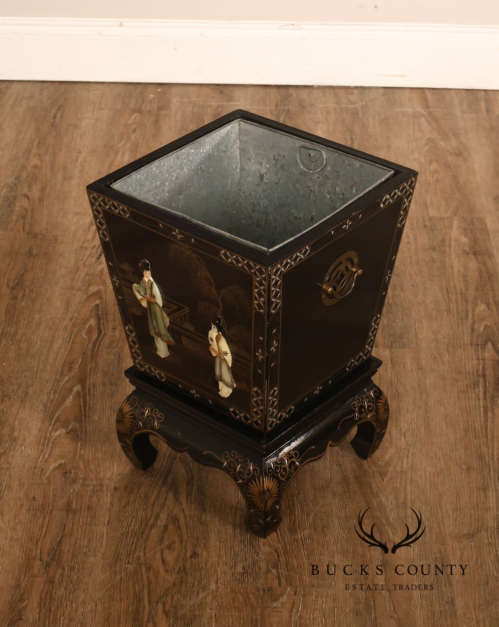 Chinese Black Lacquer Mother Of Pearl Inlaid Figural Planter On Matching Stand