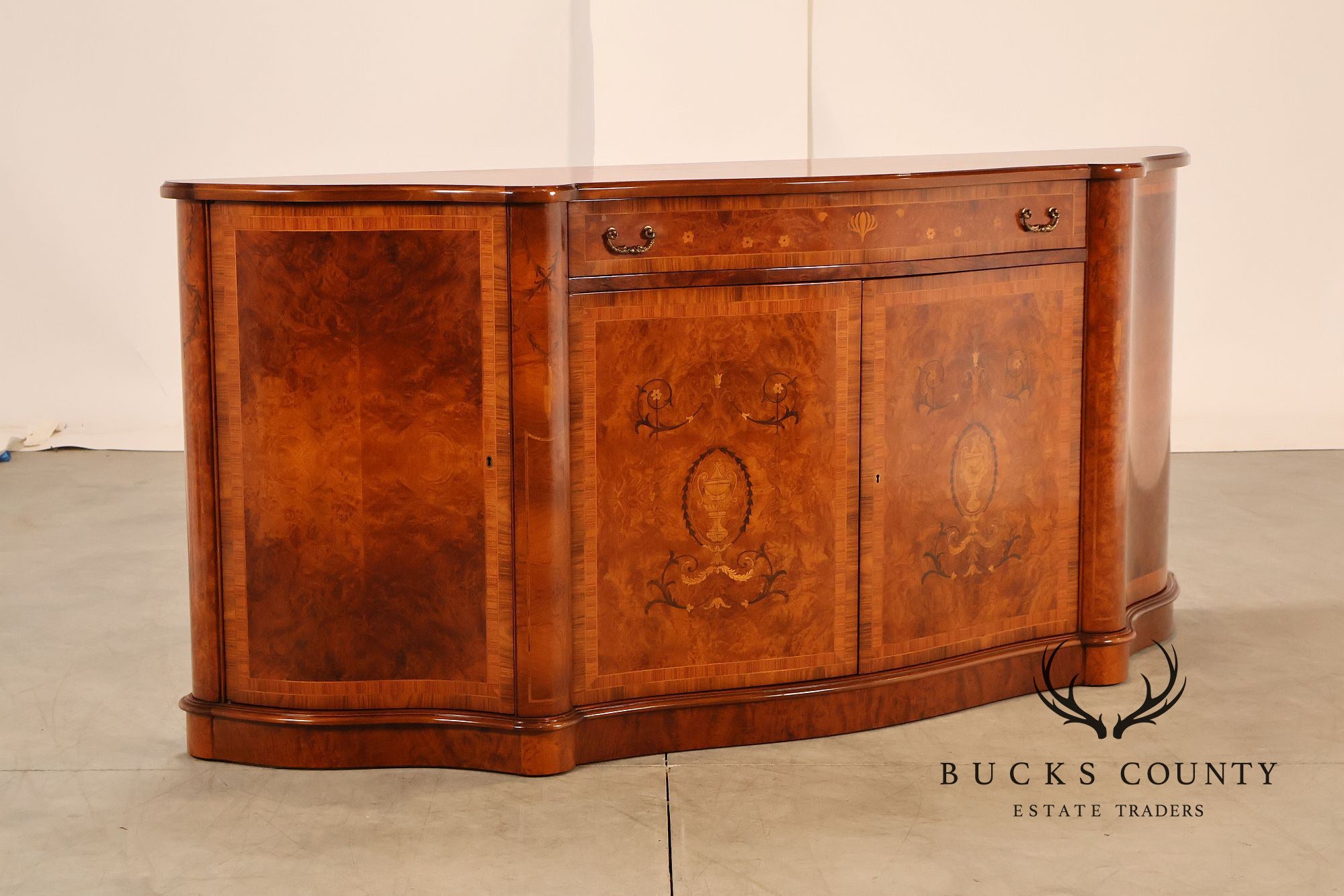 Italian Style Marquetry Inlaid Burl Wood Credenza Sideboard