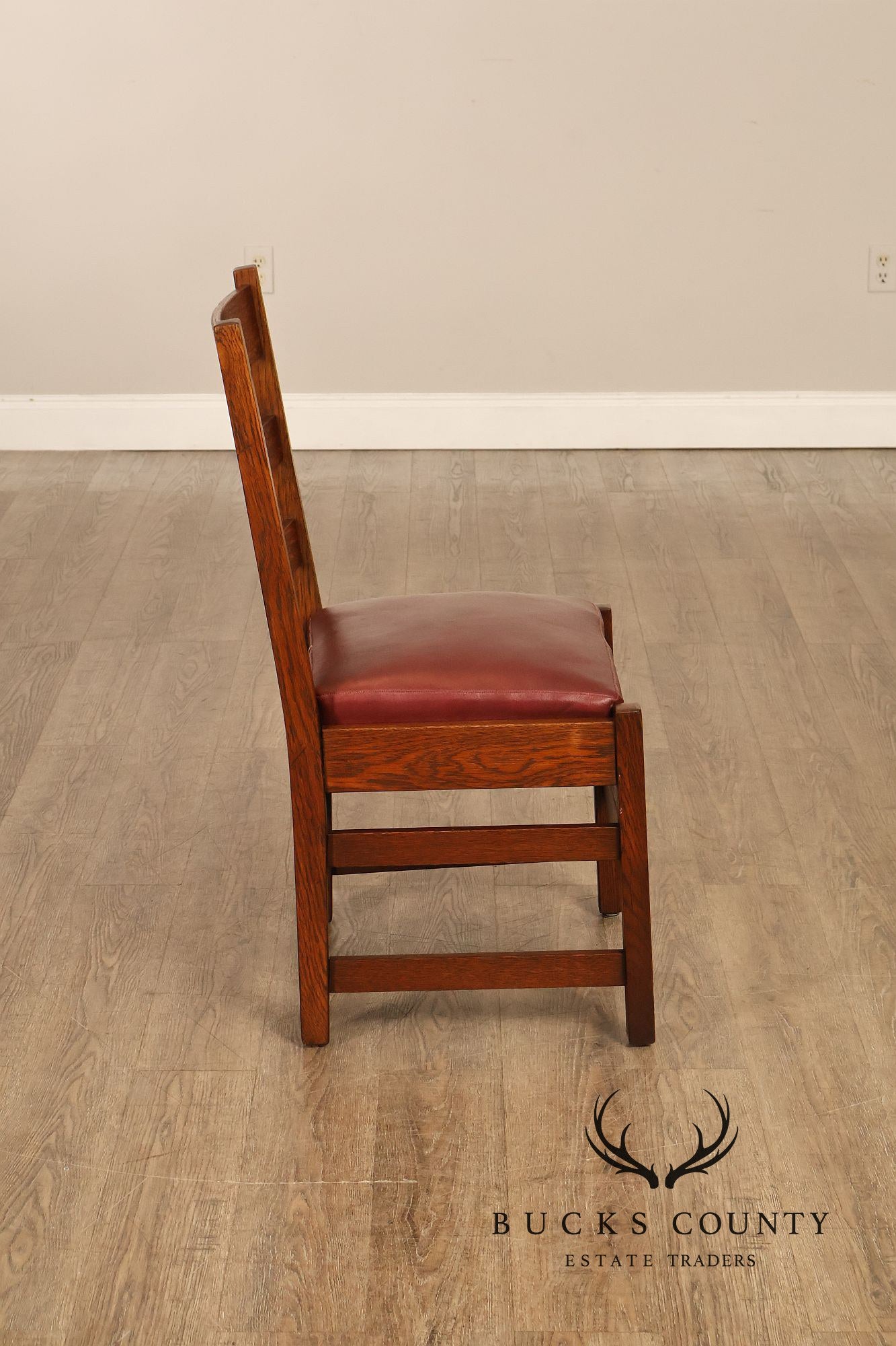 Antique L. & J. G. Stickley Set Of Four Oak Ladder Back Dining Chairs #800