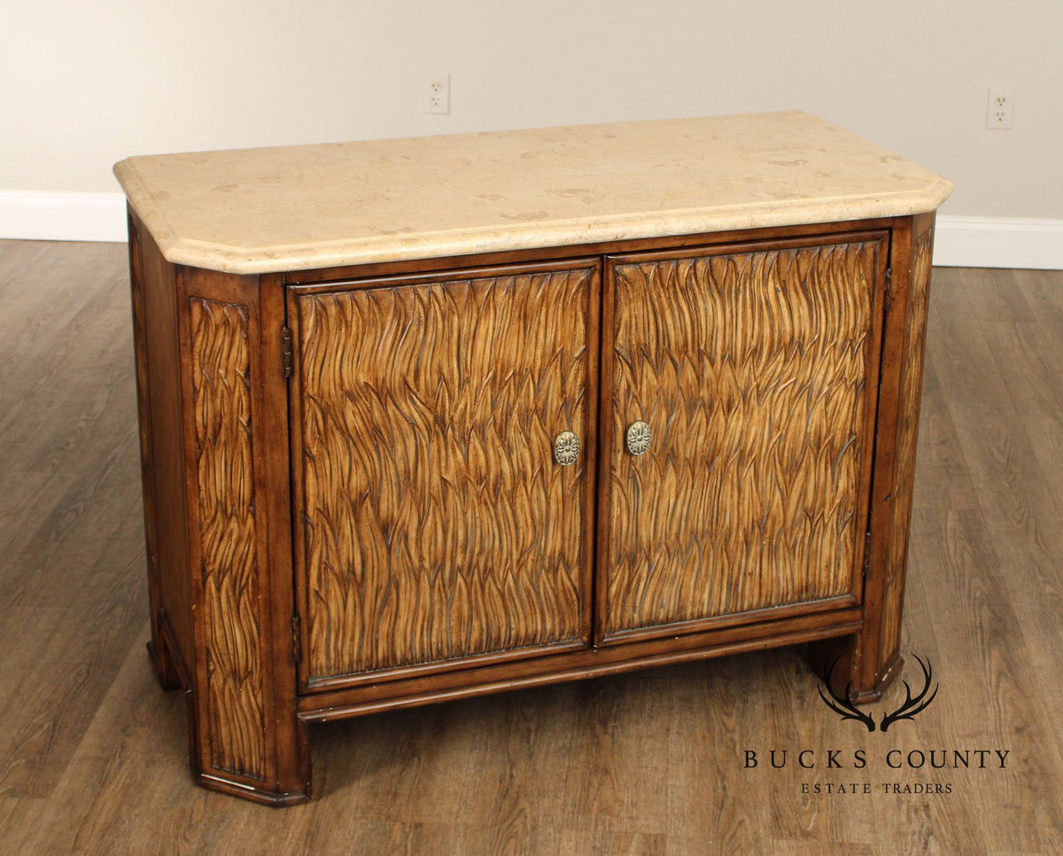 Hollywood Regency Travertine Top Console Cabinet