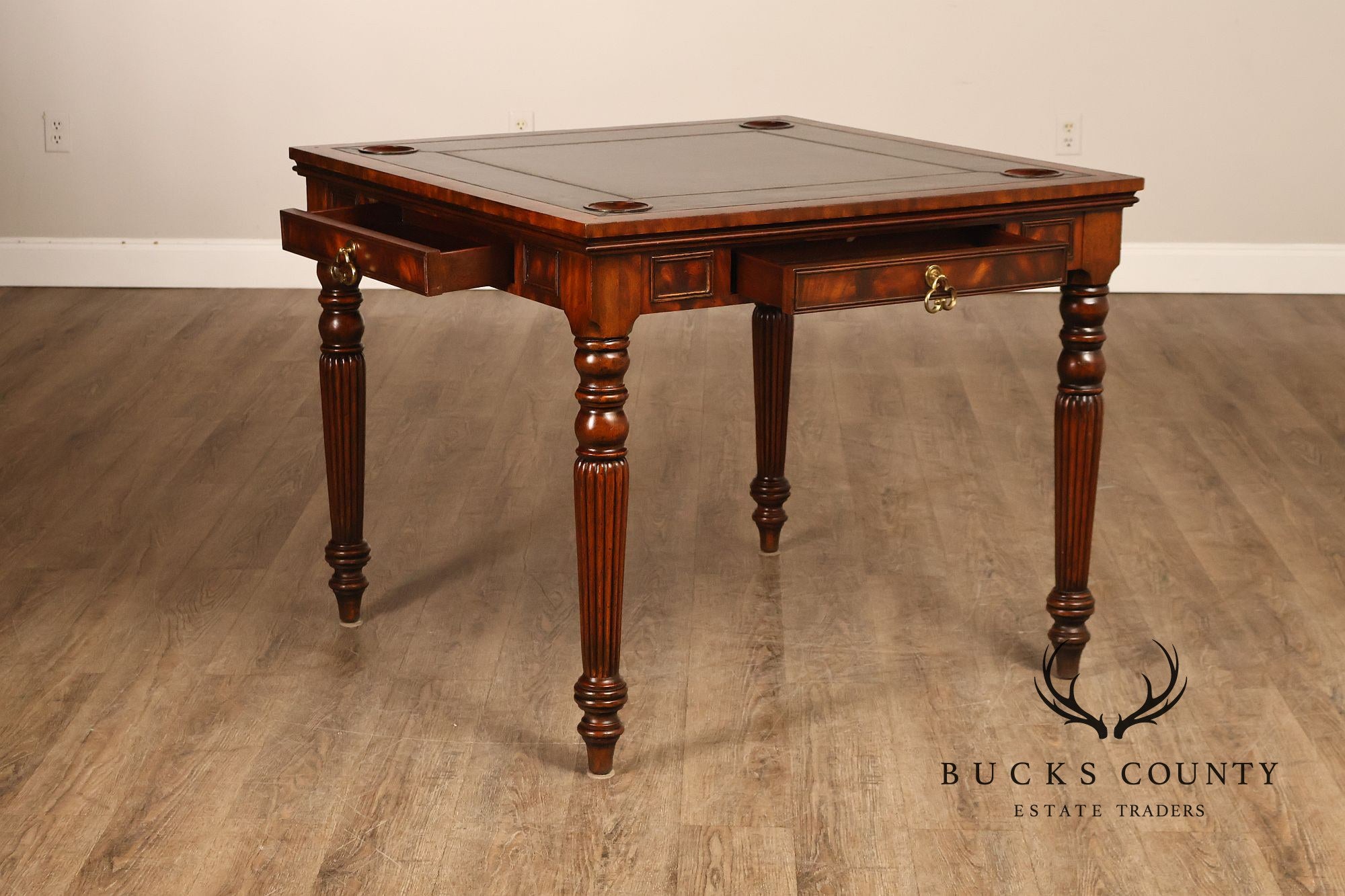 Maitland Smith Regency Style Mahogany Square Leather Top Game Table