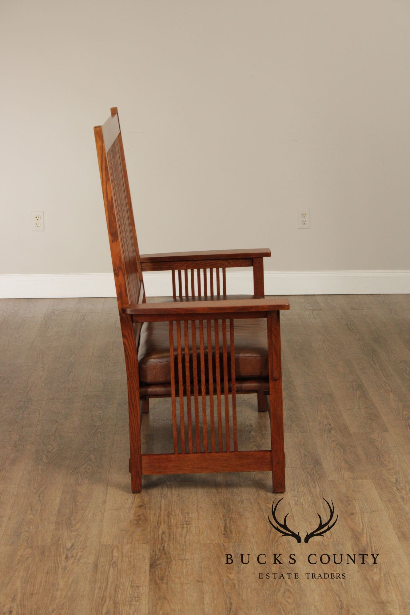 Stickley Mission Collection Oak And Leather Spindle Settee