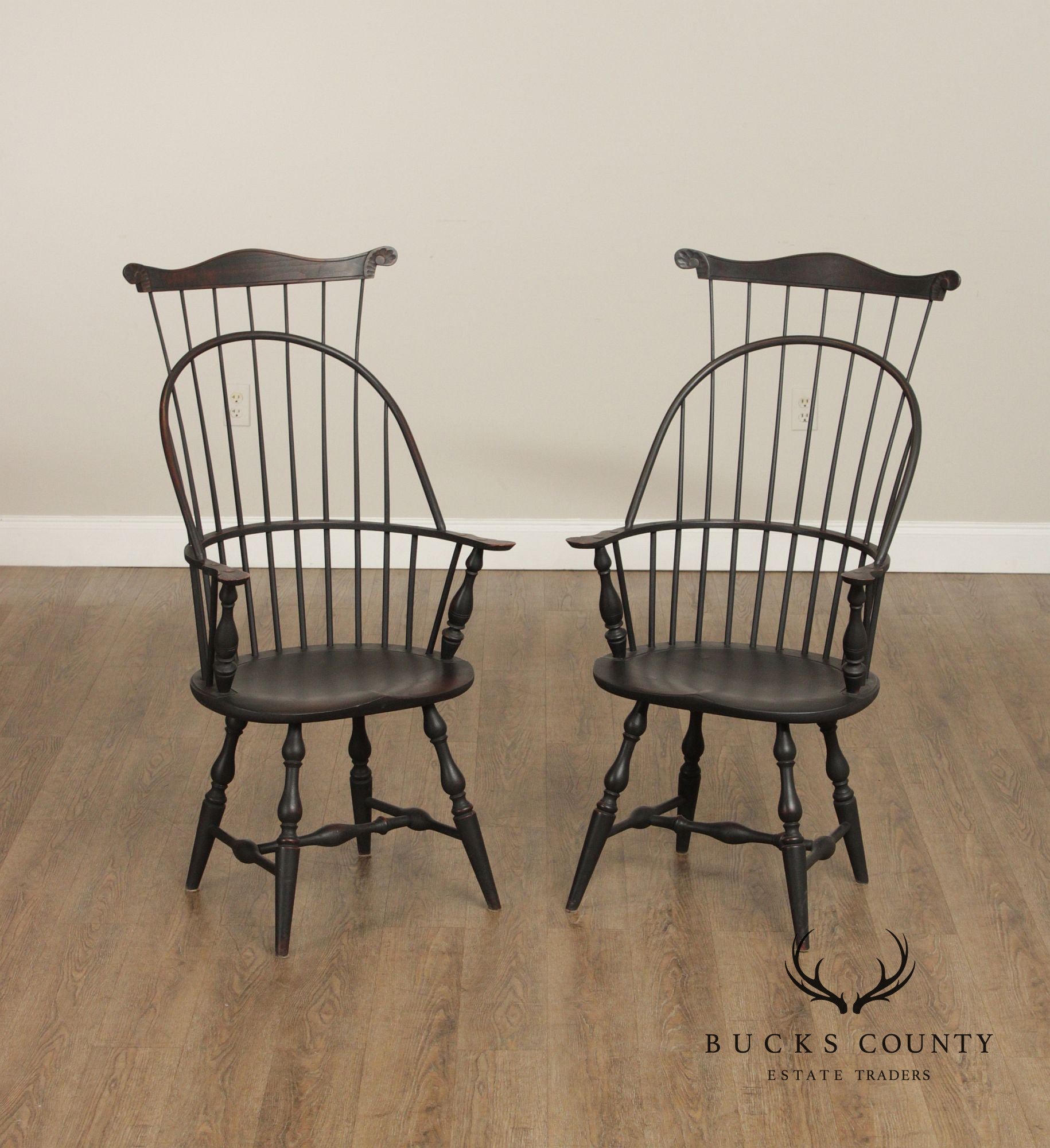 Custom Crafted Pair of Ebonized Sack-Back Windsor Armchairs
