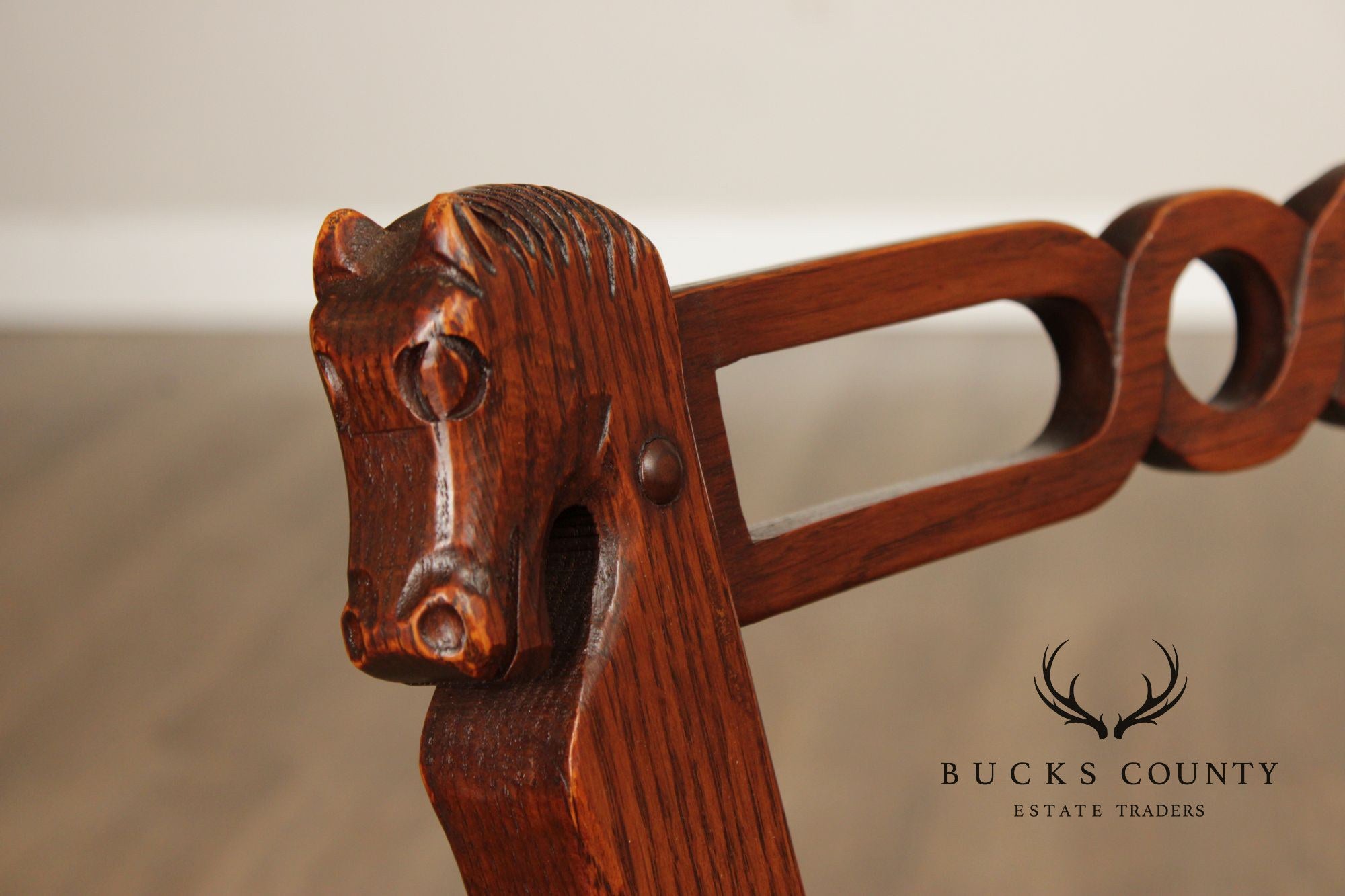 Romweber Set of Six Horse Carved Oak Dining Chairs