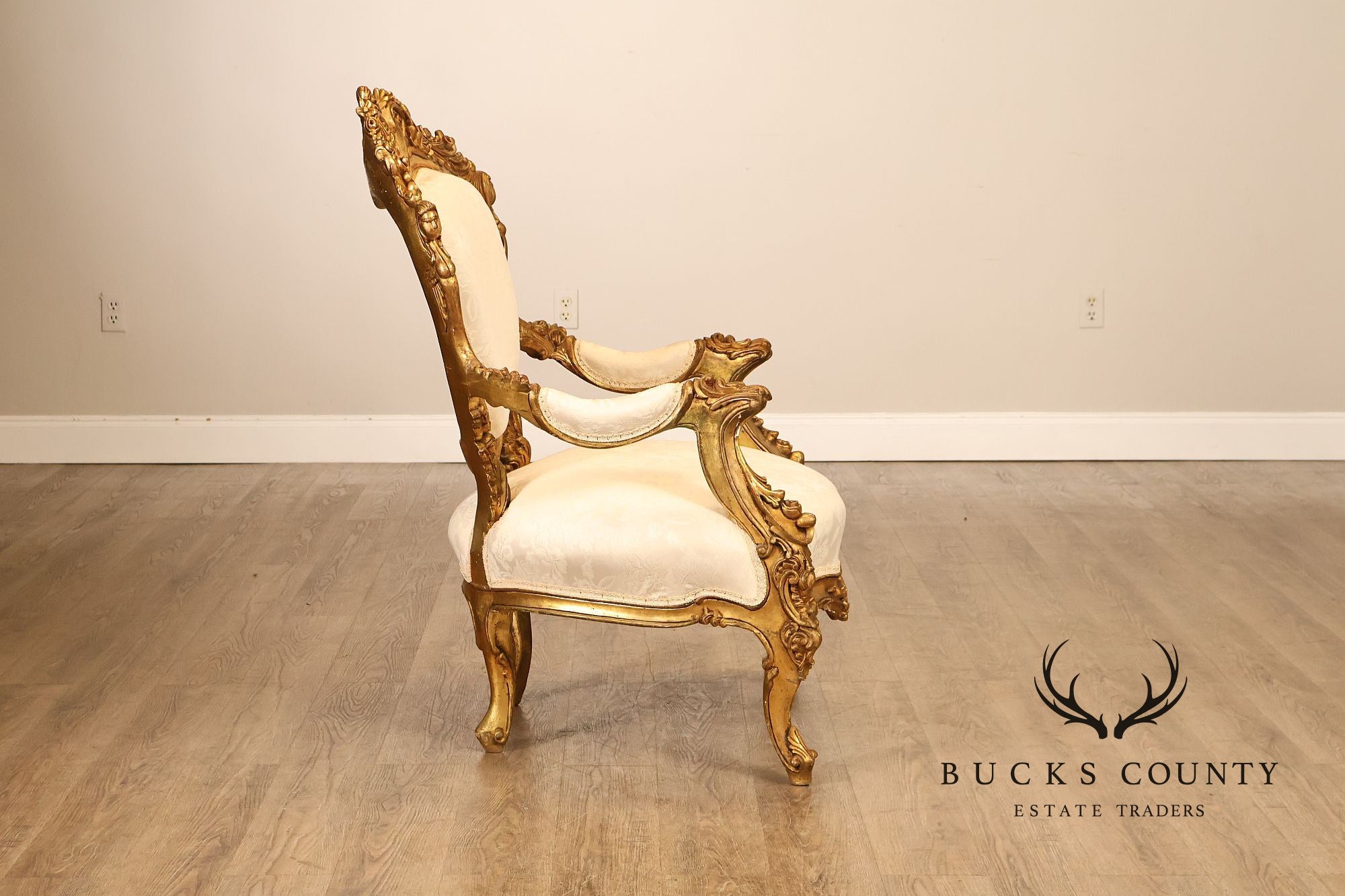Italian Rococo Style Pair Of Carved Giltwood Upholstered Armchairs