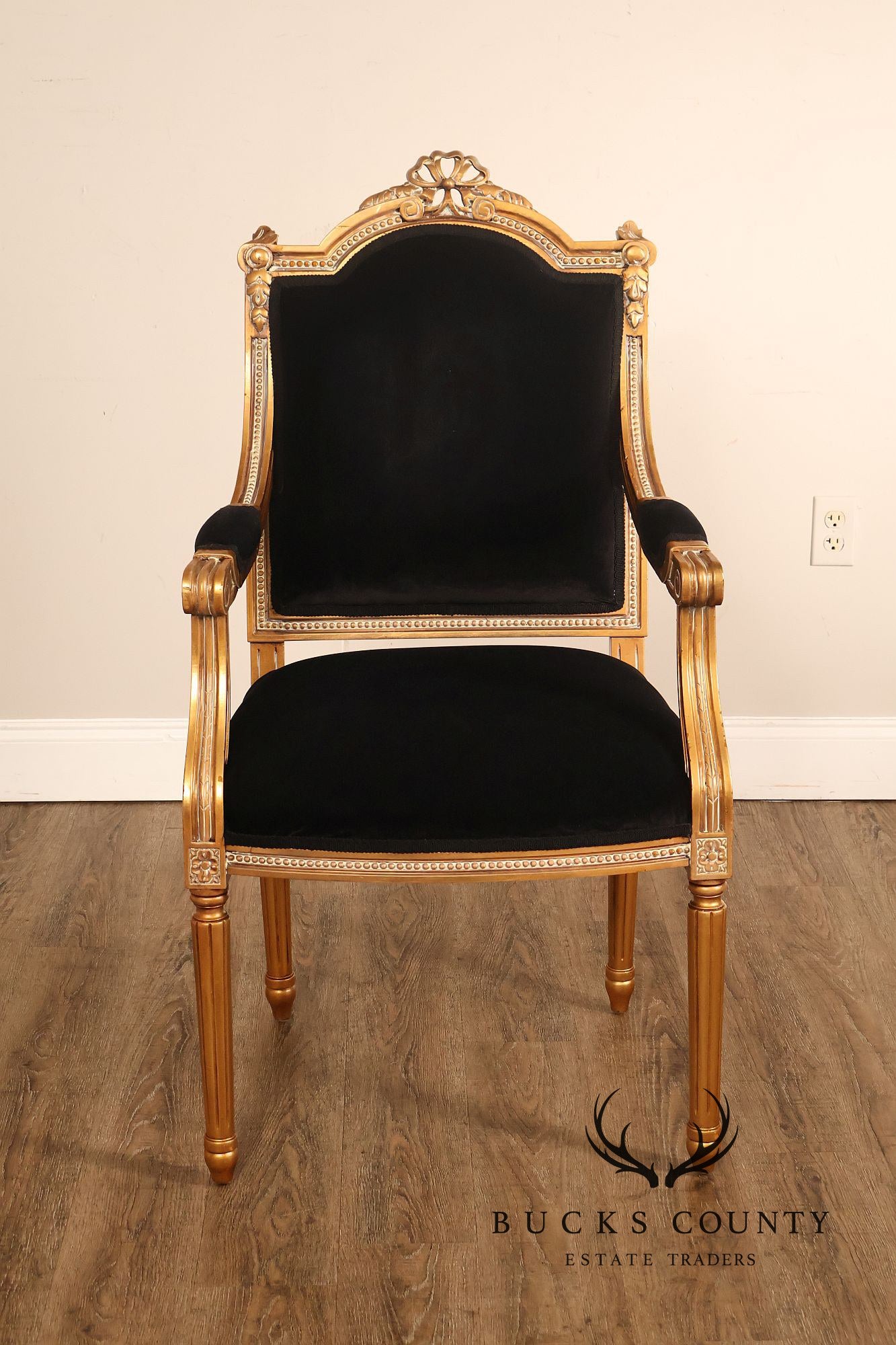 Louis XVI Style Giltwood Armchair With Black Upholstery