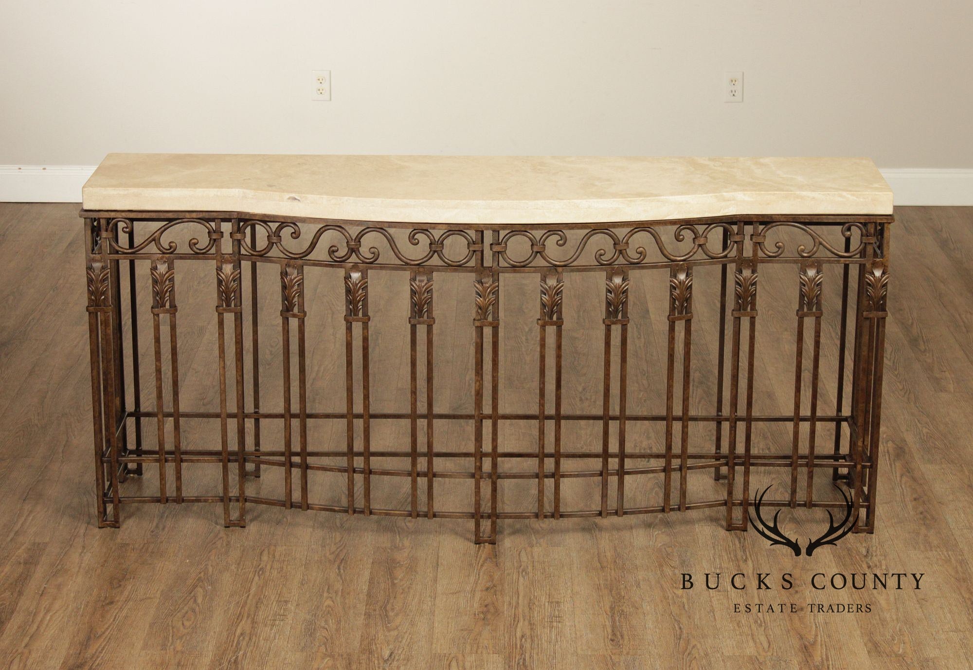 Wrought Iron Travertine Top Long Console Table