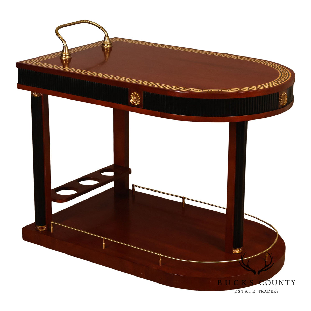 Neoclassical Style Mahogany And Ebonized Bar Cart With Greek Key Inlay And Brass Accents