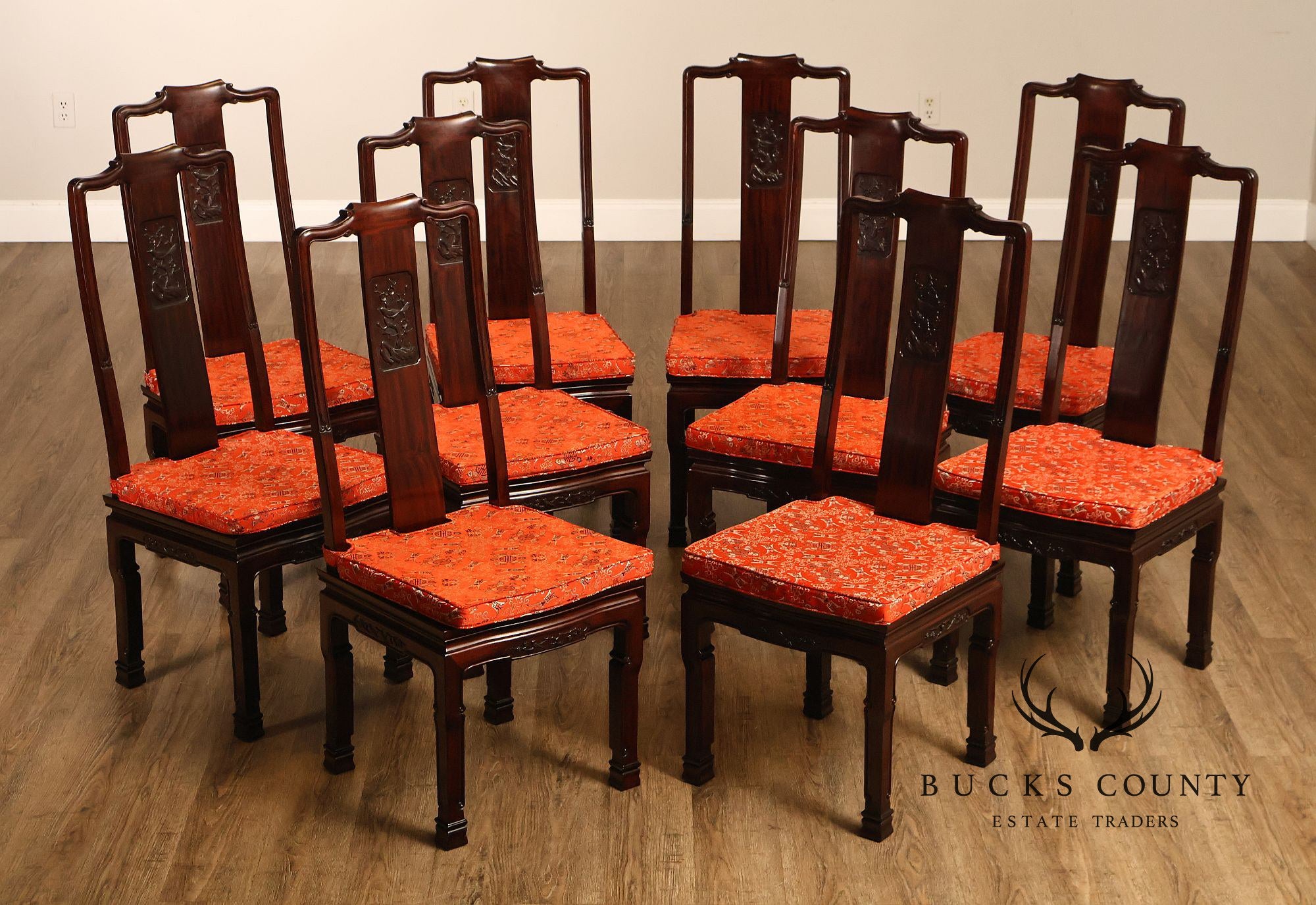 Chinese Style Set Of Eight Rosewood Dining Chairs With Carved Splats