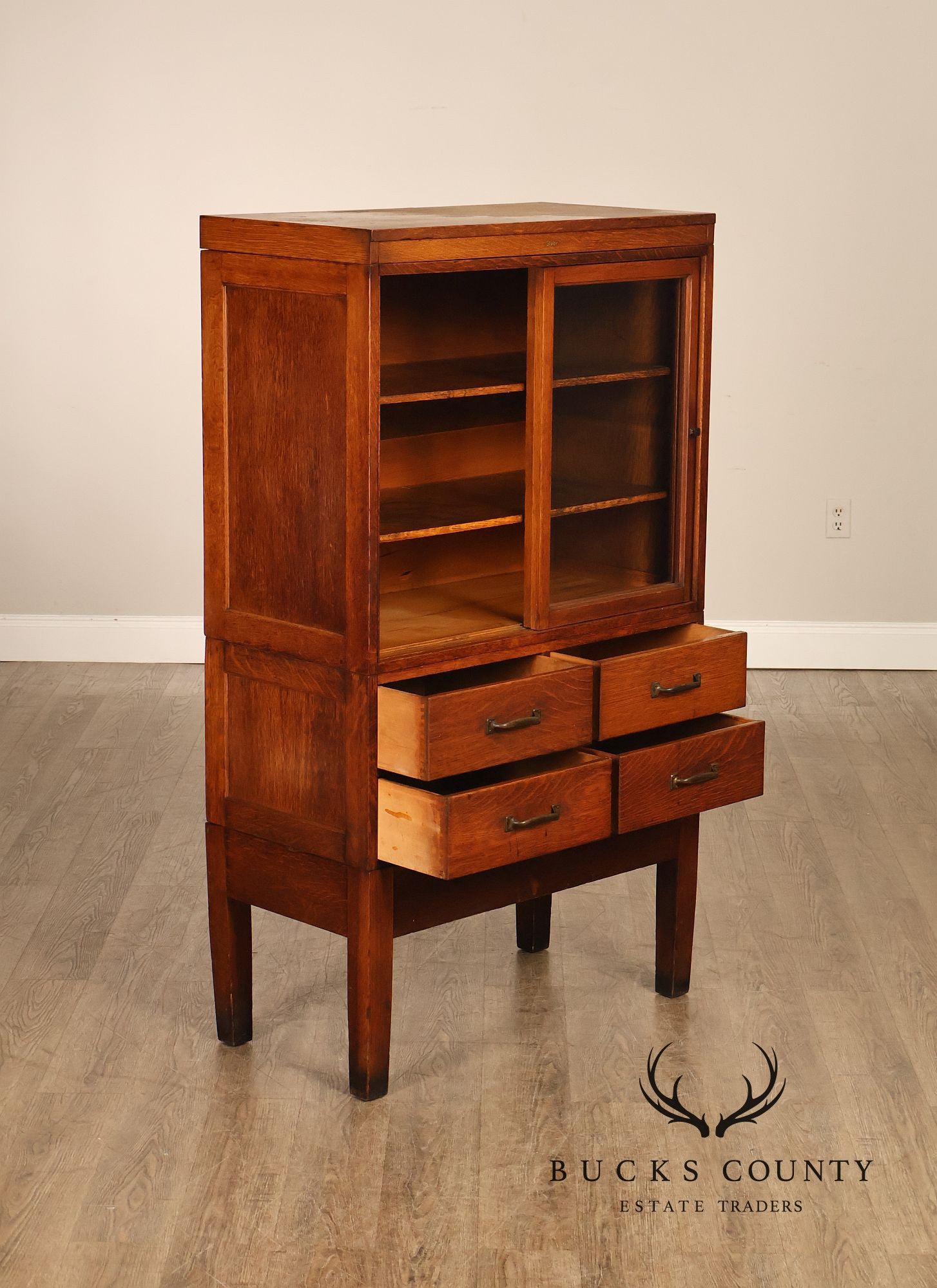 Globe Oak Sectional Bookcase Cabinet With Sliding Glass Doors And Drawers