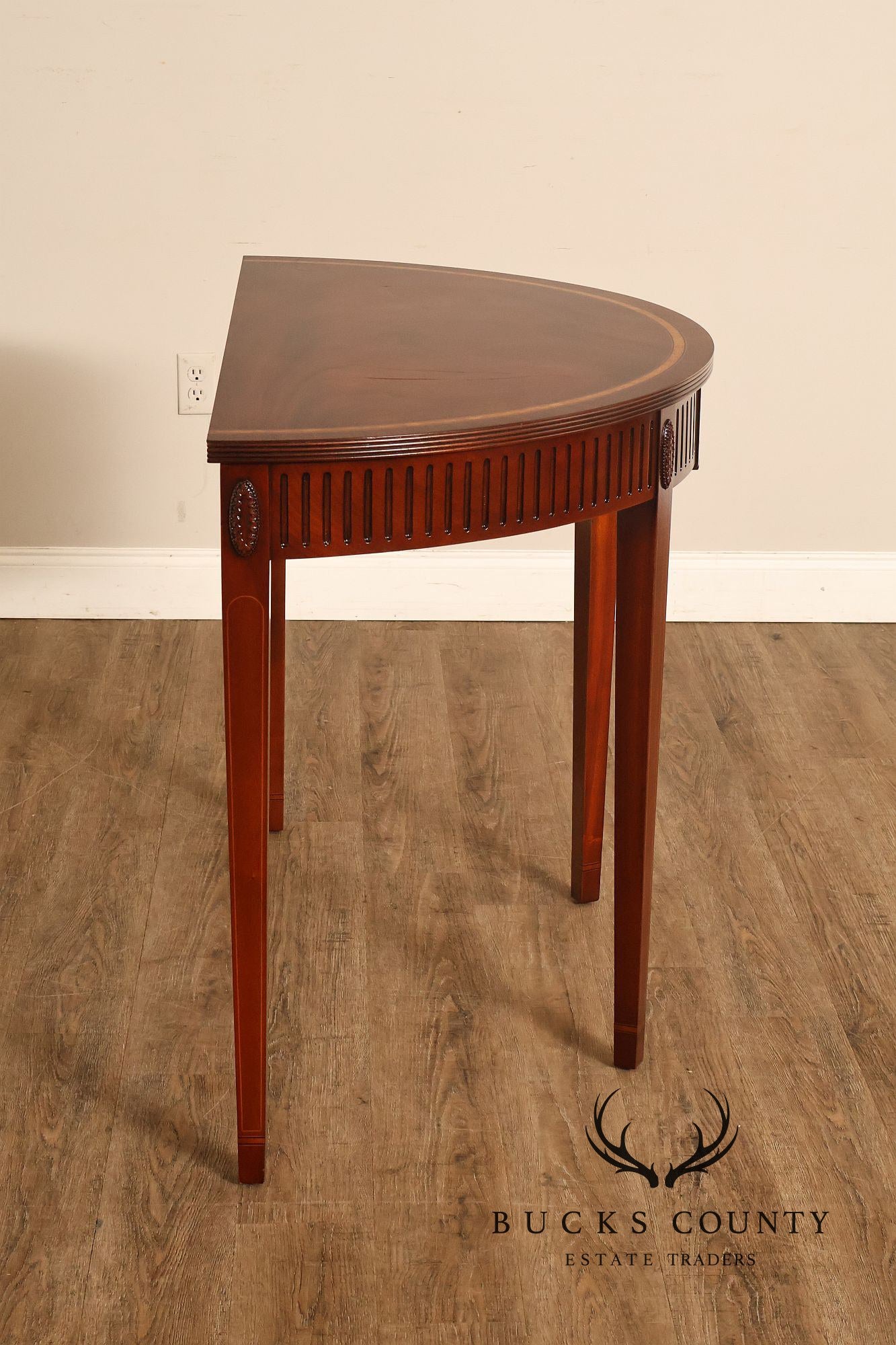 Custom Mahogany Inlaid Demilune Console Table