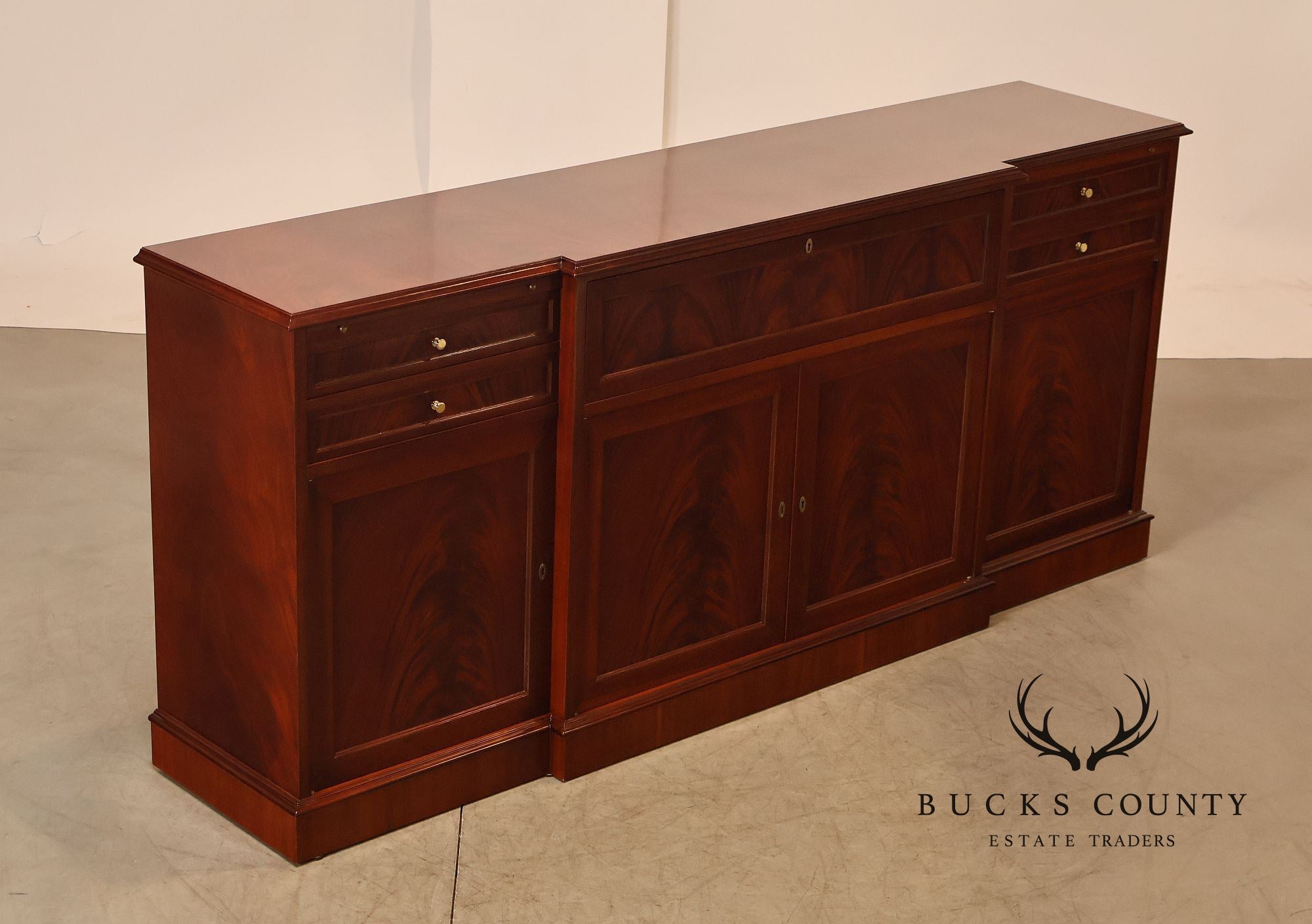 Flame Mahogany Breakfront Buffet Sideboard with Drop Front Secretary Desk