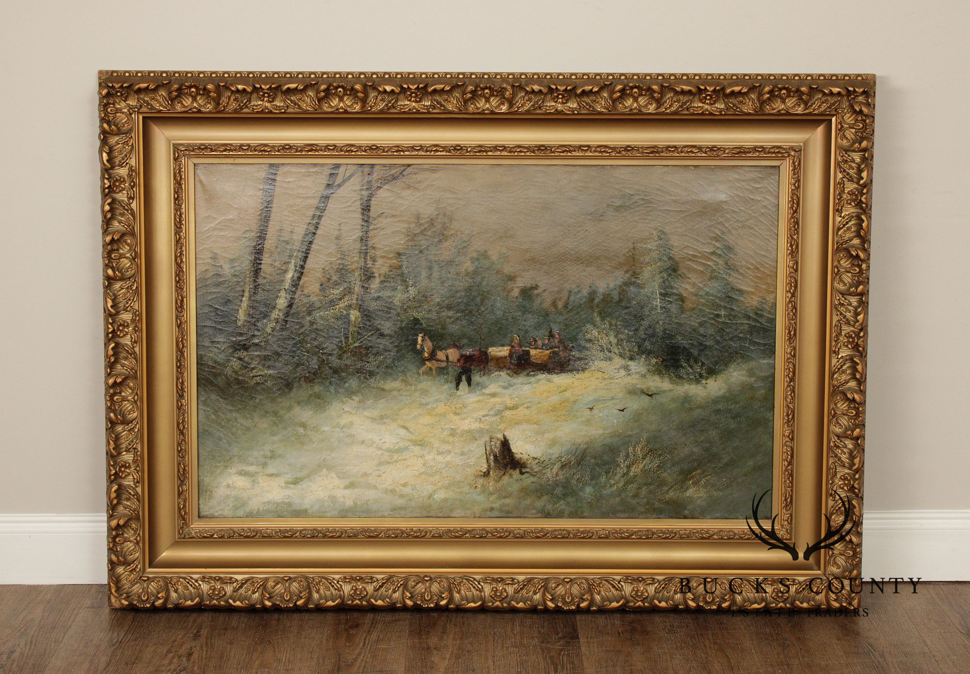 Continental School Large Winter Landscape Painting, Sleigh Ride