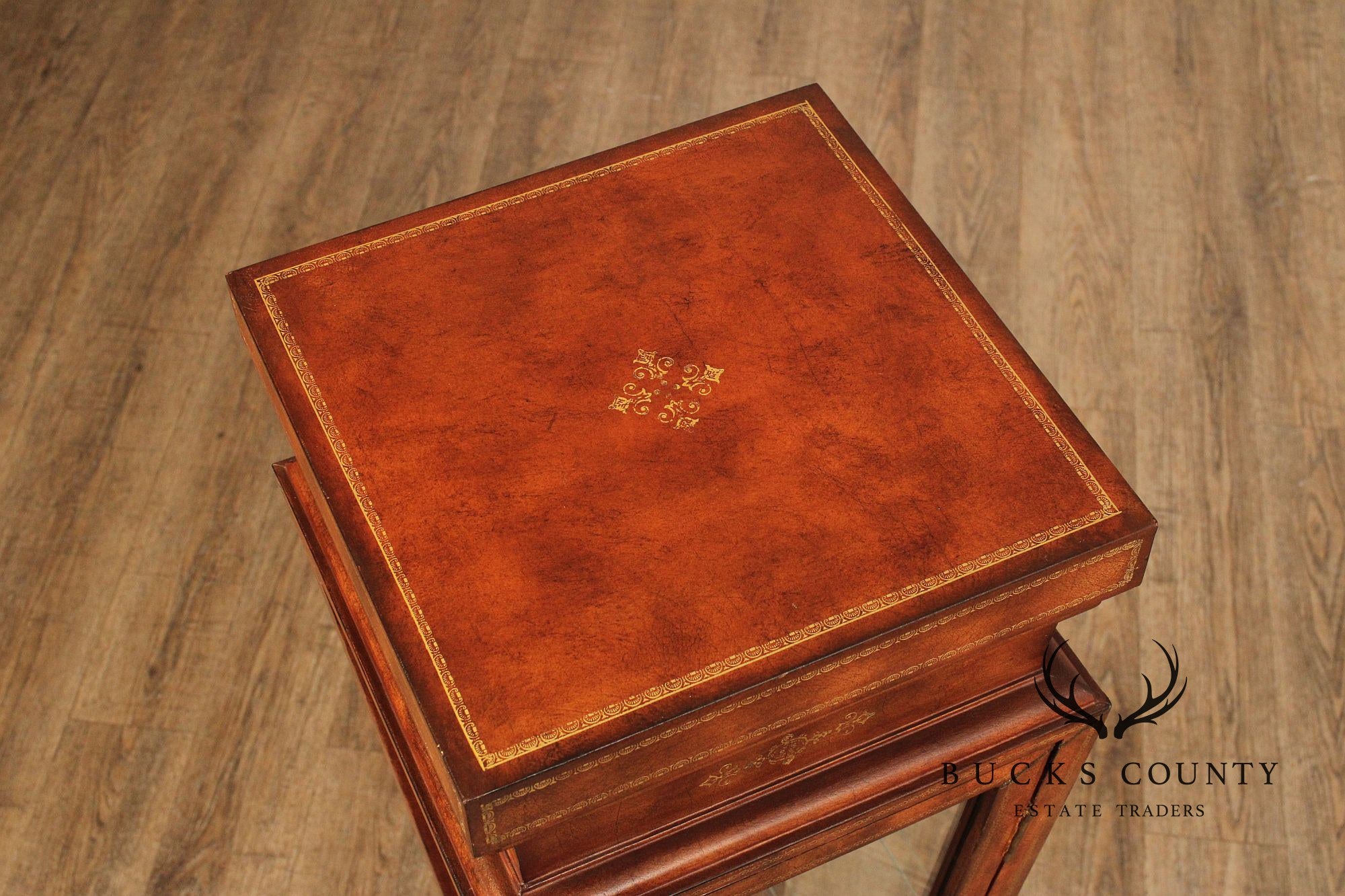 Maitland Smith Leather Wrapped Pedestal Display Cabinet