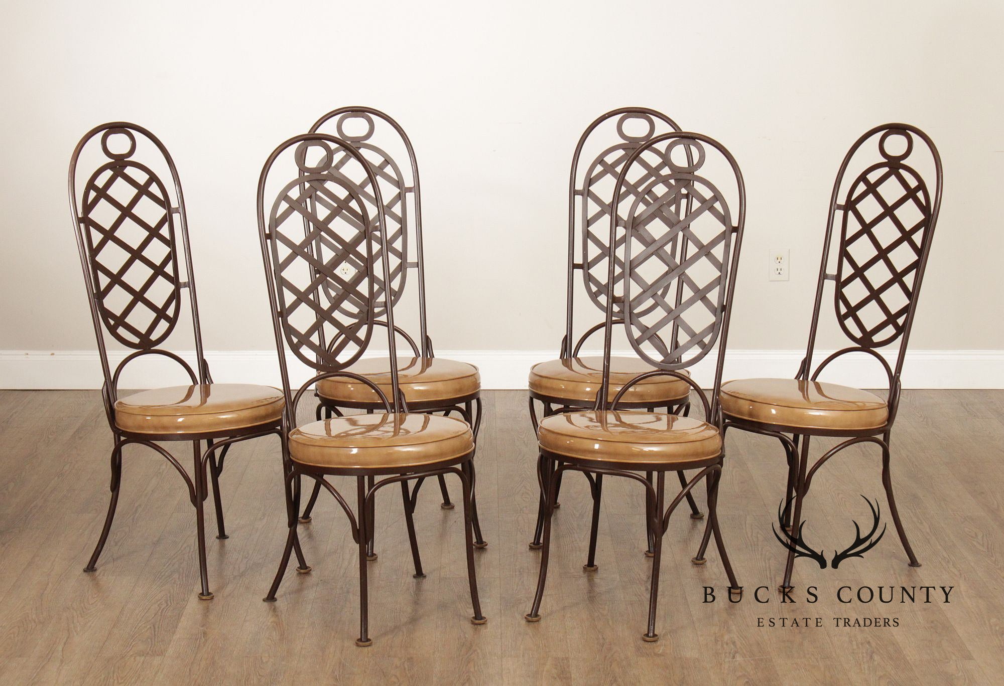 Creative Metal Products Set of Six Wrought Iron Lattice Dining Chairs