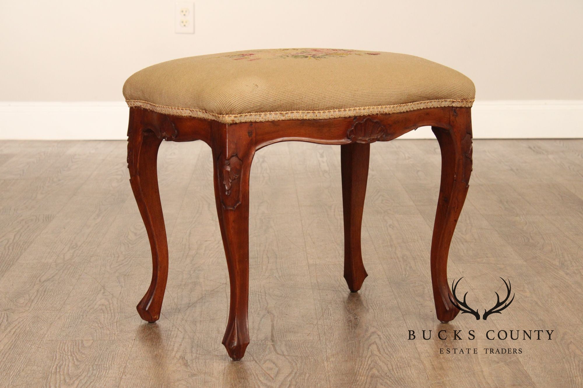French Louis XV Style Antique Walnut Needlepoint Footstool