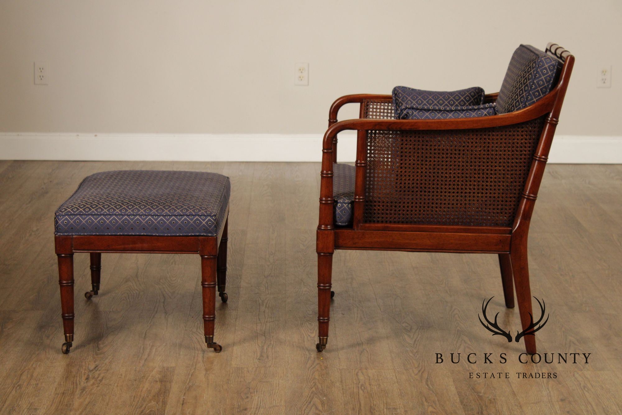 Hickory Chair Faux Bamboo and Caned Armchair and Ottoman