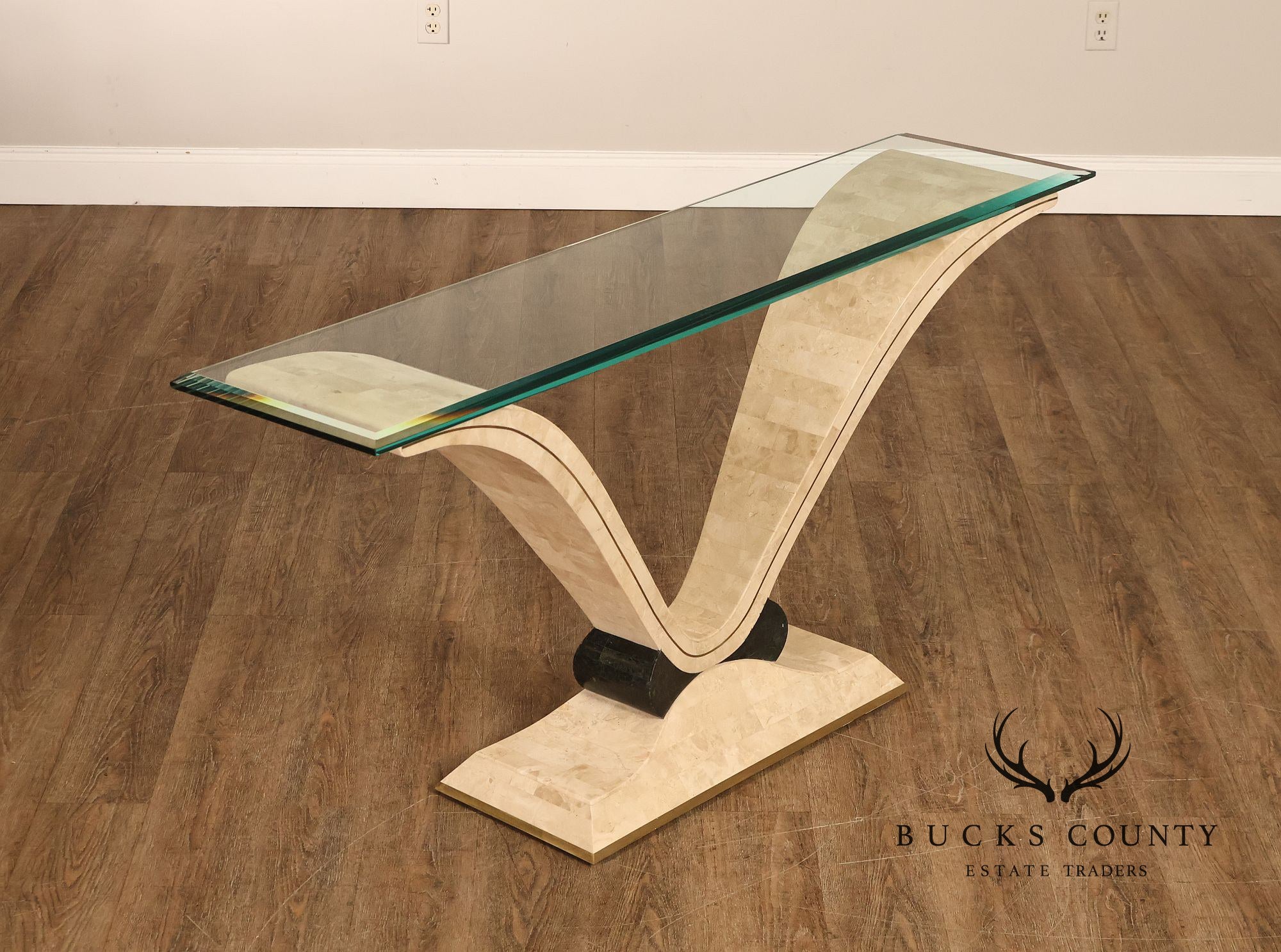 Postmodern Glass Top Travertine Console Table