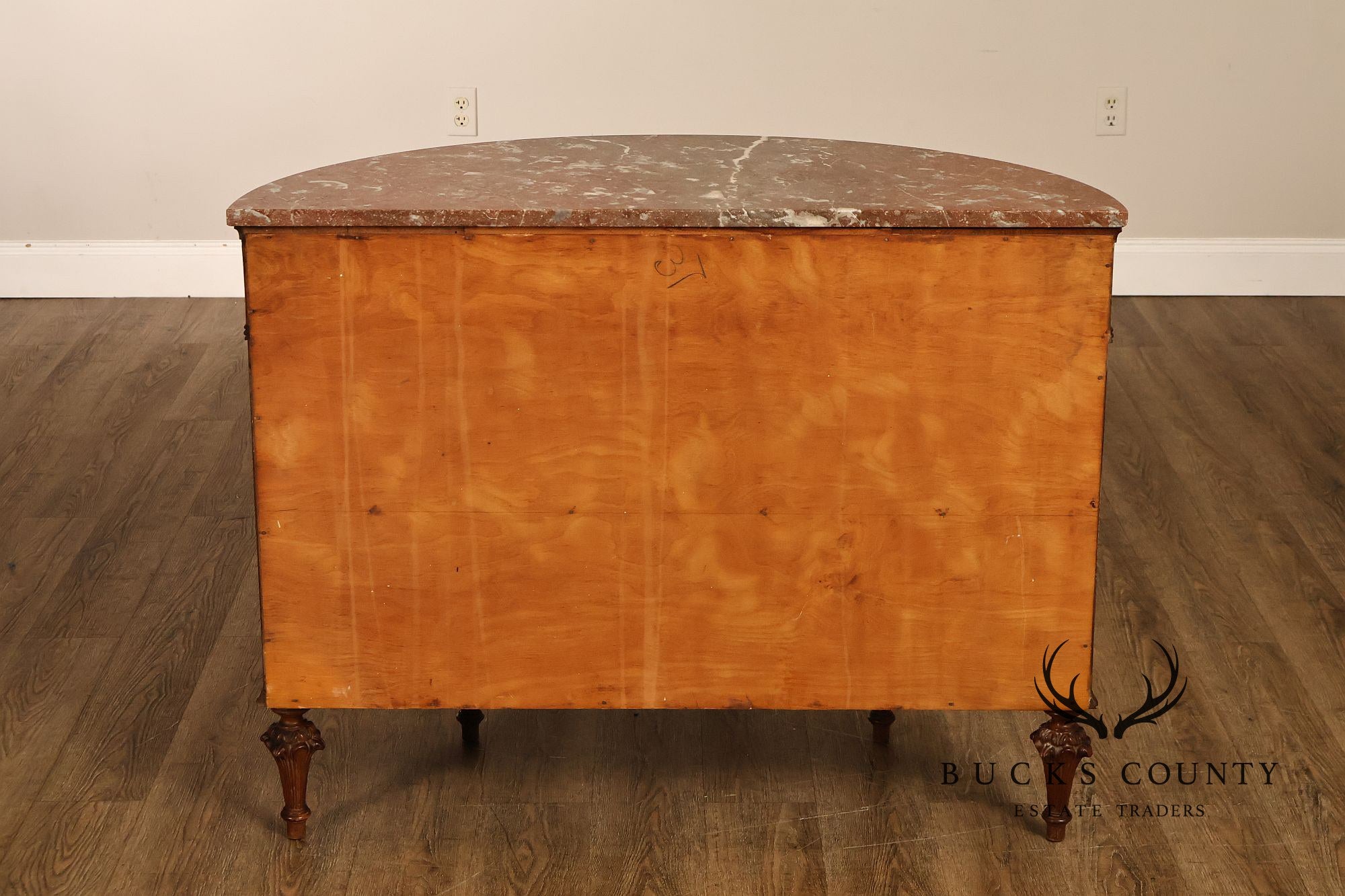 Antique French Louis XVI Neoclassical Inlaid Demilune Marble Top Commode