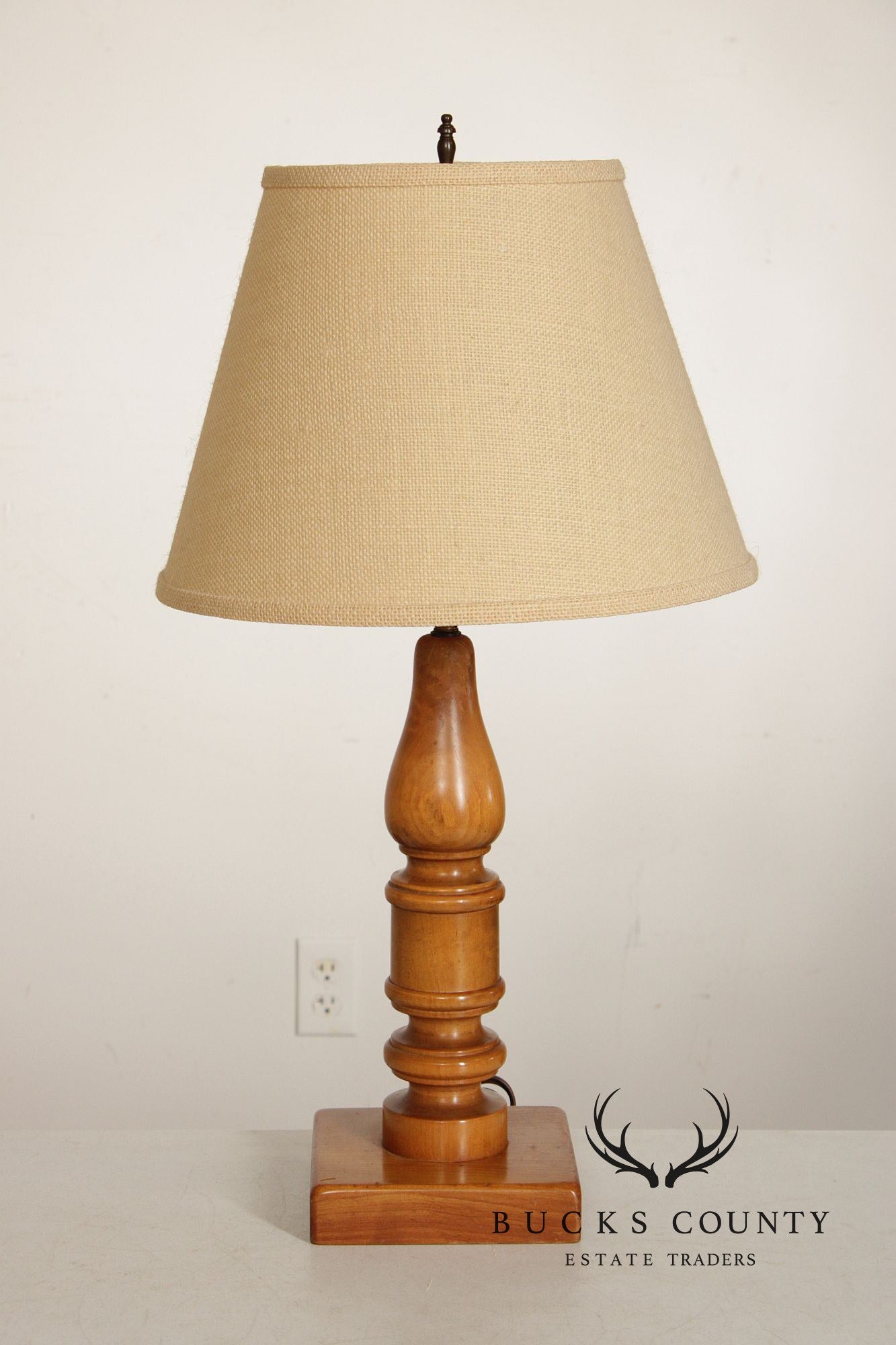 Colonial Revival Pair of Turned Cherry Wood Table Lamps