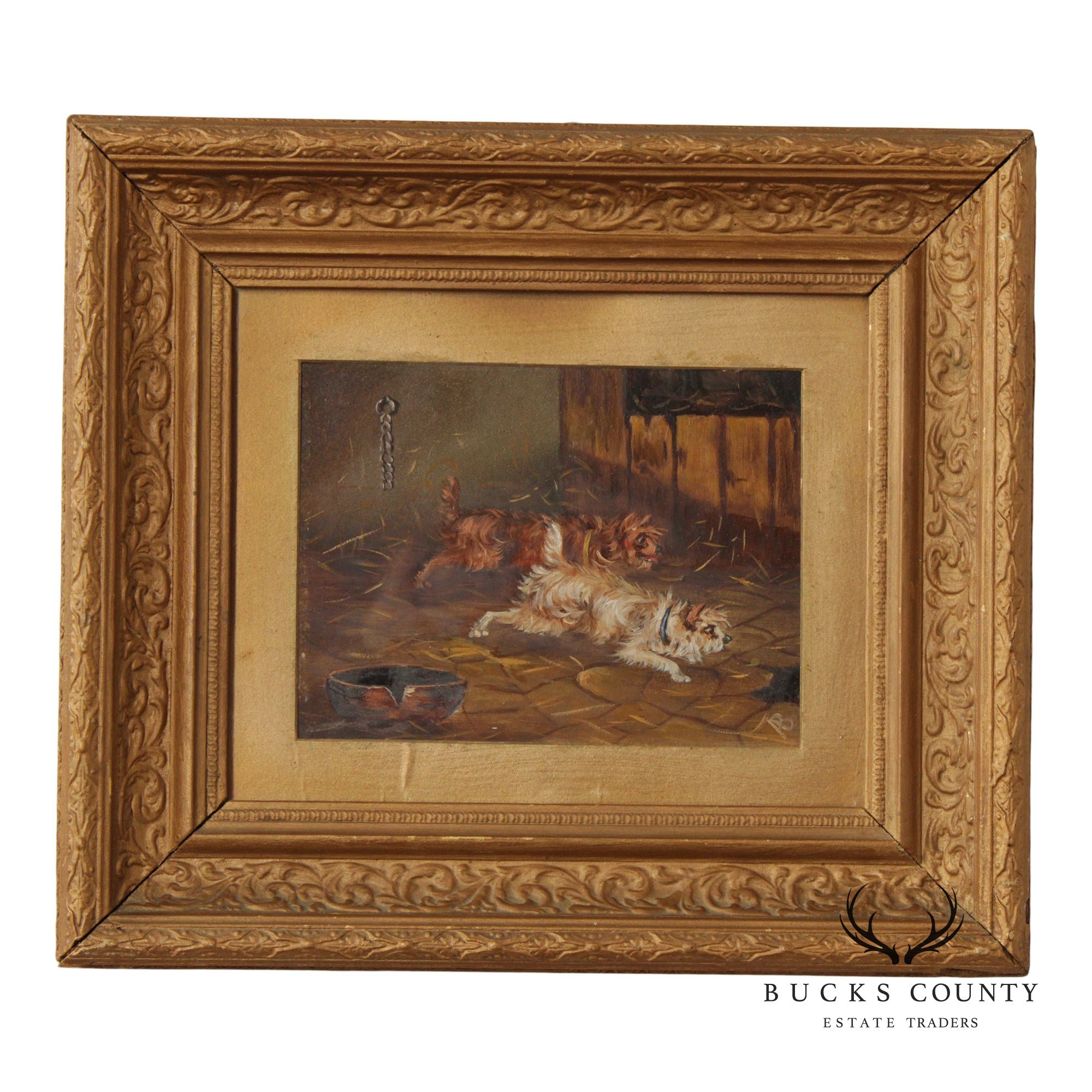 Antique English School Oil Painting, Dogs in Barn