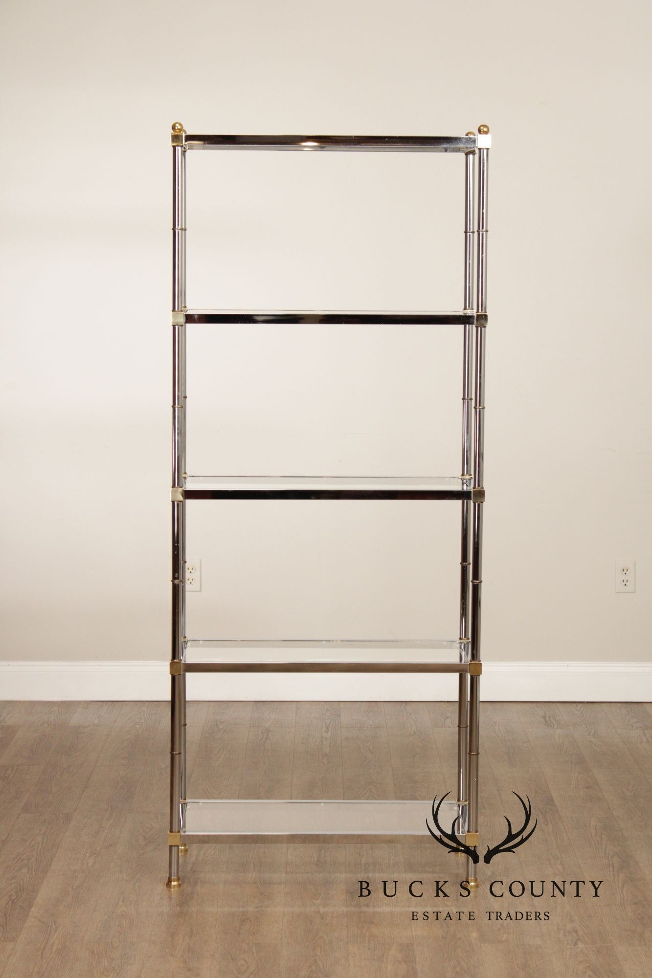 Chrome And Glass Pair Of Five Shelf Bookcase Etageres