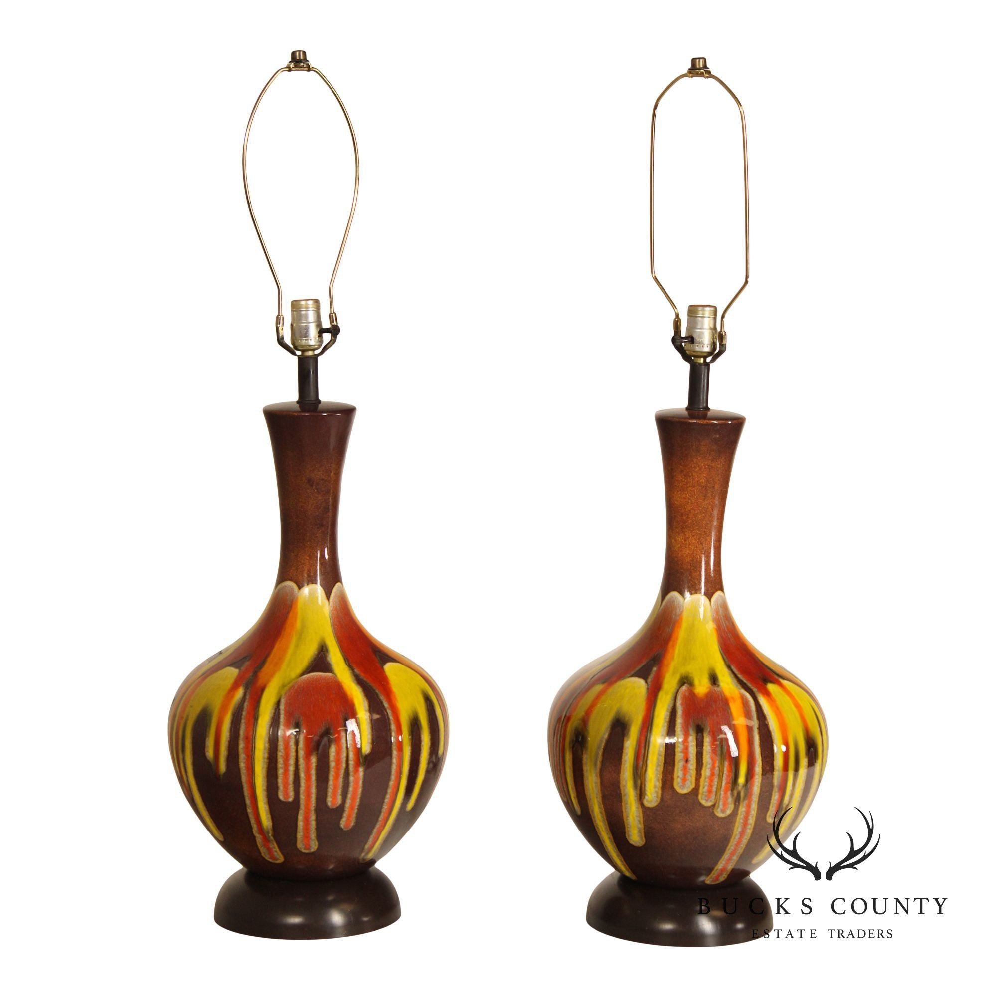 Mid Century Modern Pair of Drip Glazed Porcelain Table Lamps