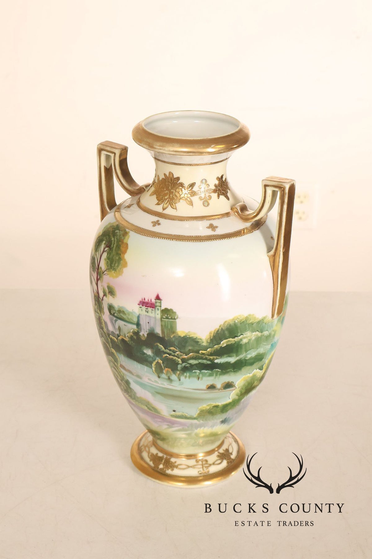 Antique Hand Painted Nippon Porcelain Twin Handle Landscape Urn With Gilt Decoration