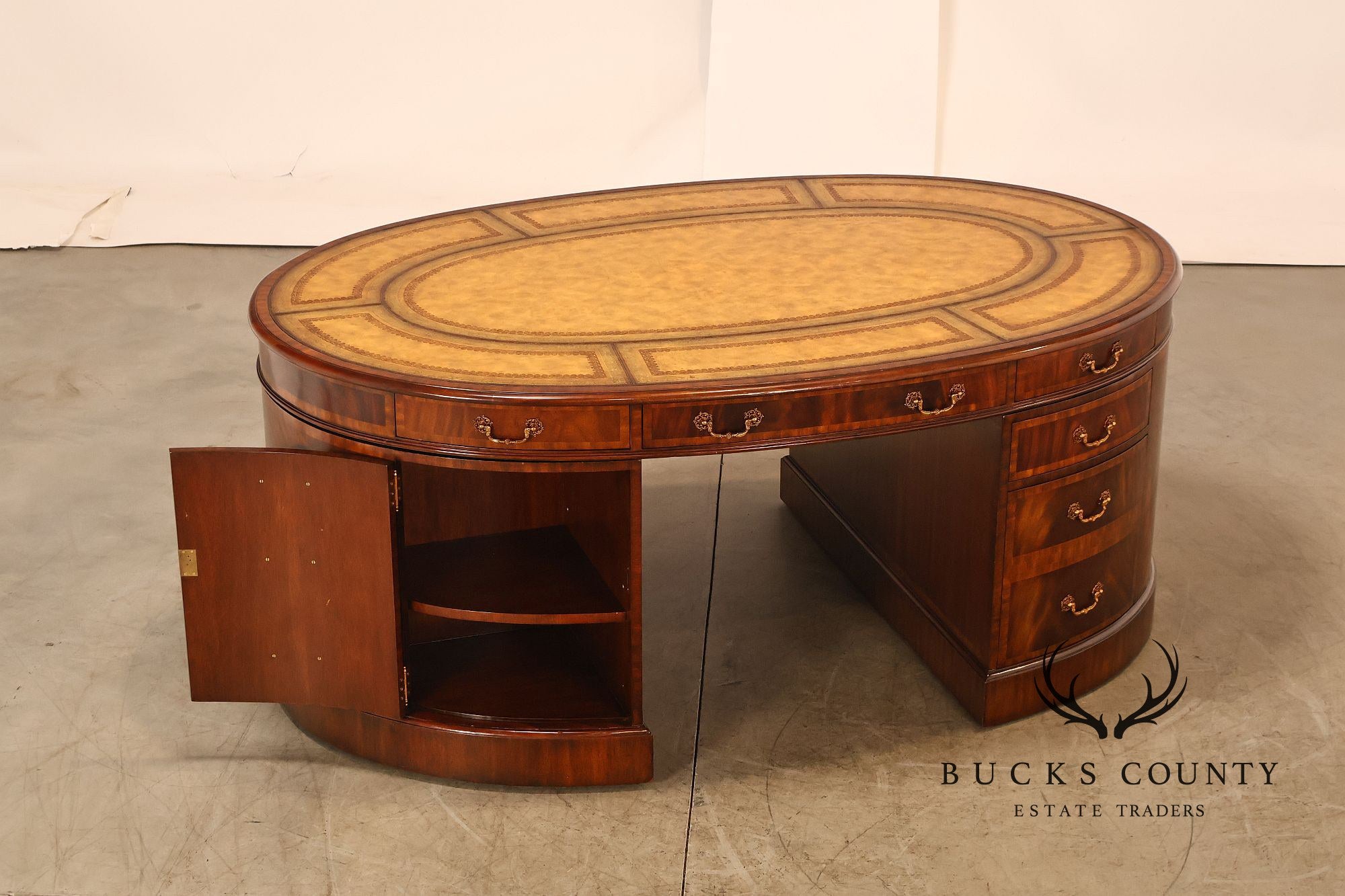 Maitland Smith Oval Mahogany Leather Top Executive Partner's Desk
