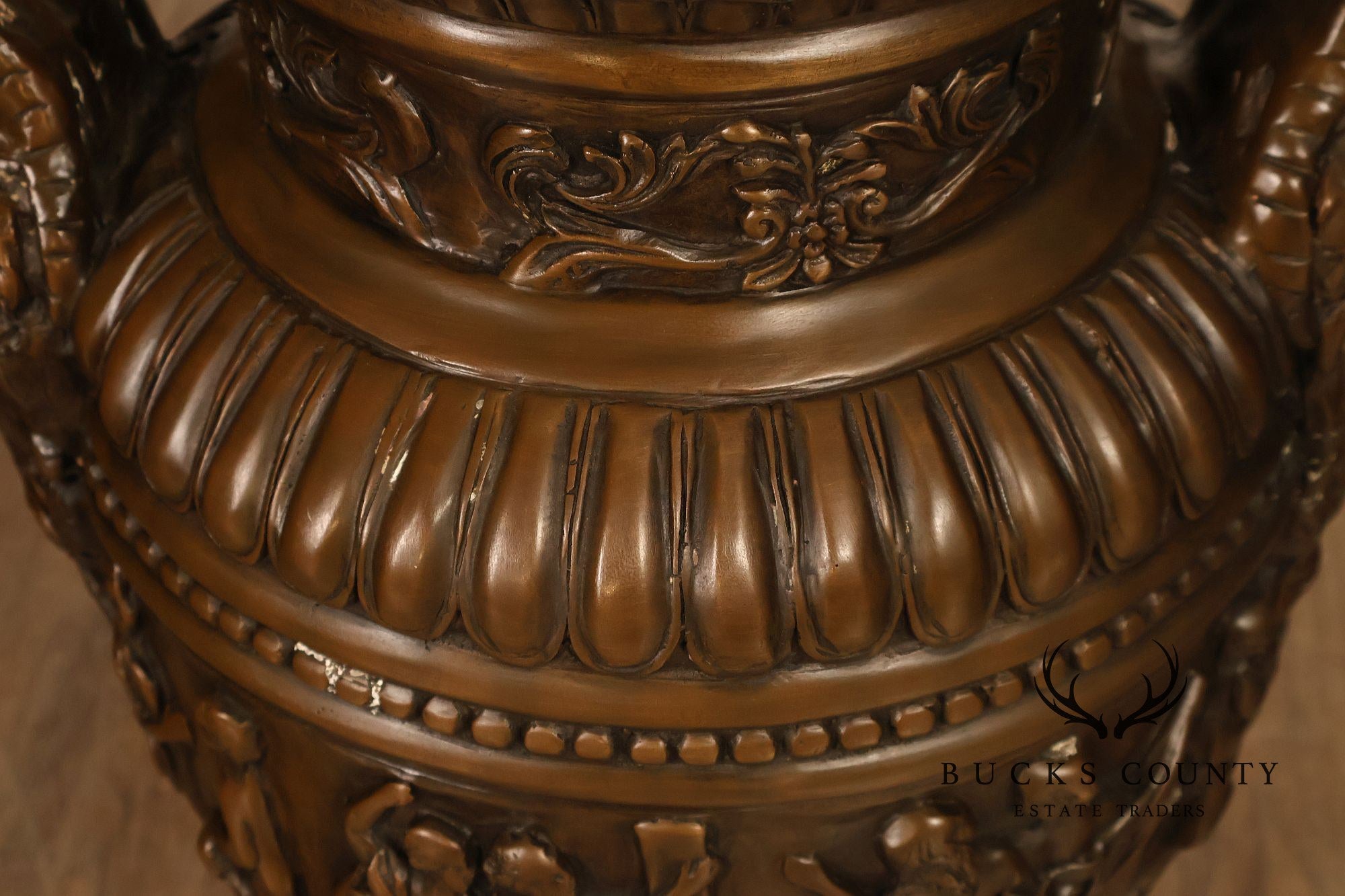 Neoclassical Style Large Pair Of Cast Bronze Covered Urns With Figural Relief