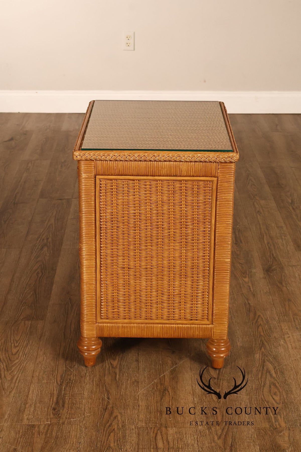 Coastal Style Pair Of Wicker And Cane Two Drawer Nightstands With Glass Tops