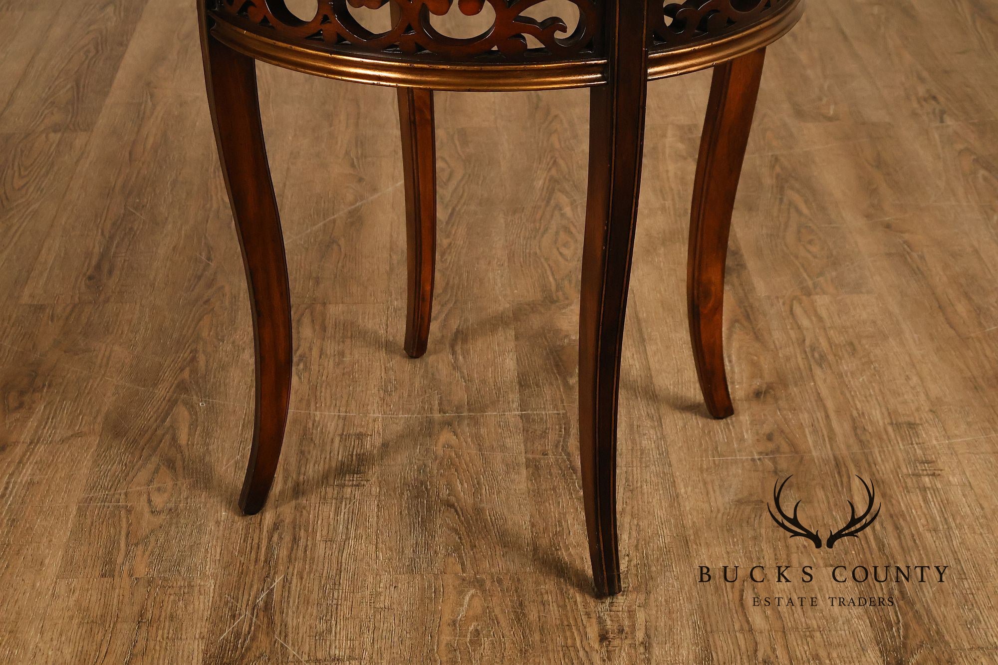 John Richard 'European Crossroads' Pair of Round Leather Top Lamp Tables