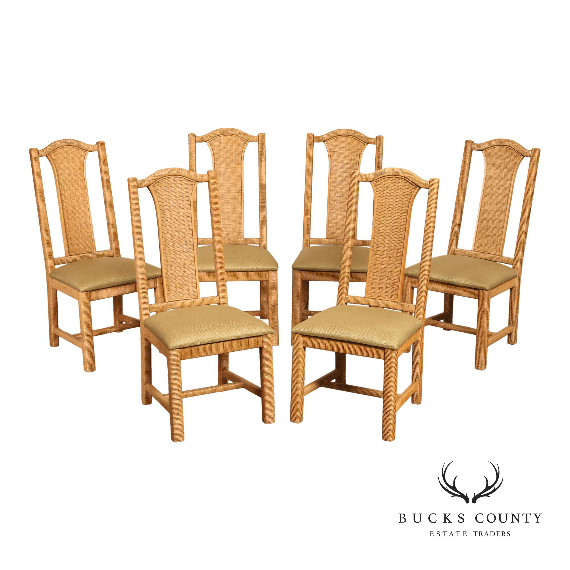 Vintage Wicker Set Of Six Dining Chairs With Upholstered Seats