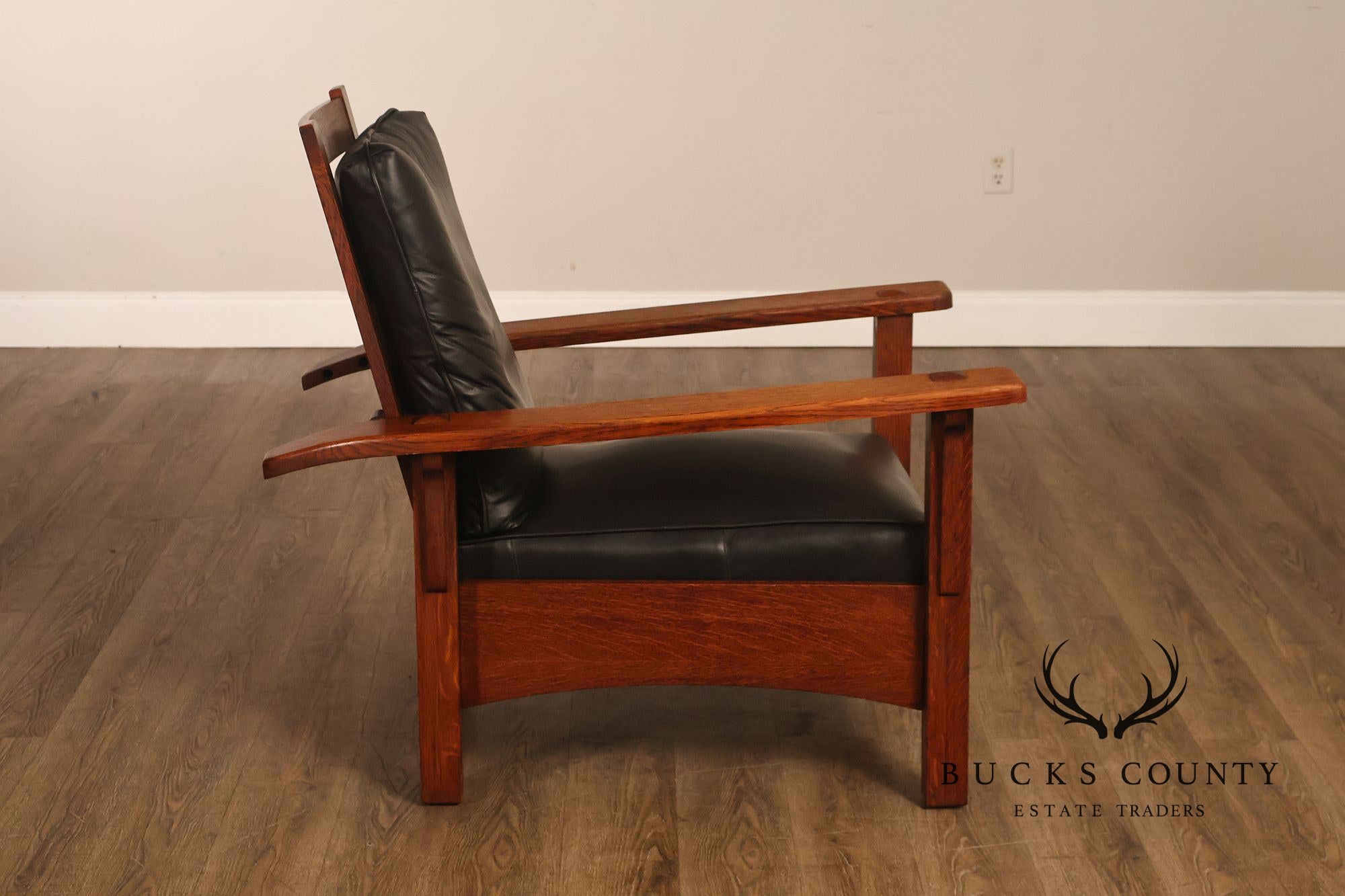 Antique Limbert Arts And Crafts Oak Morris Chair With Leather Cushions