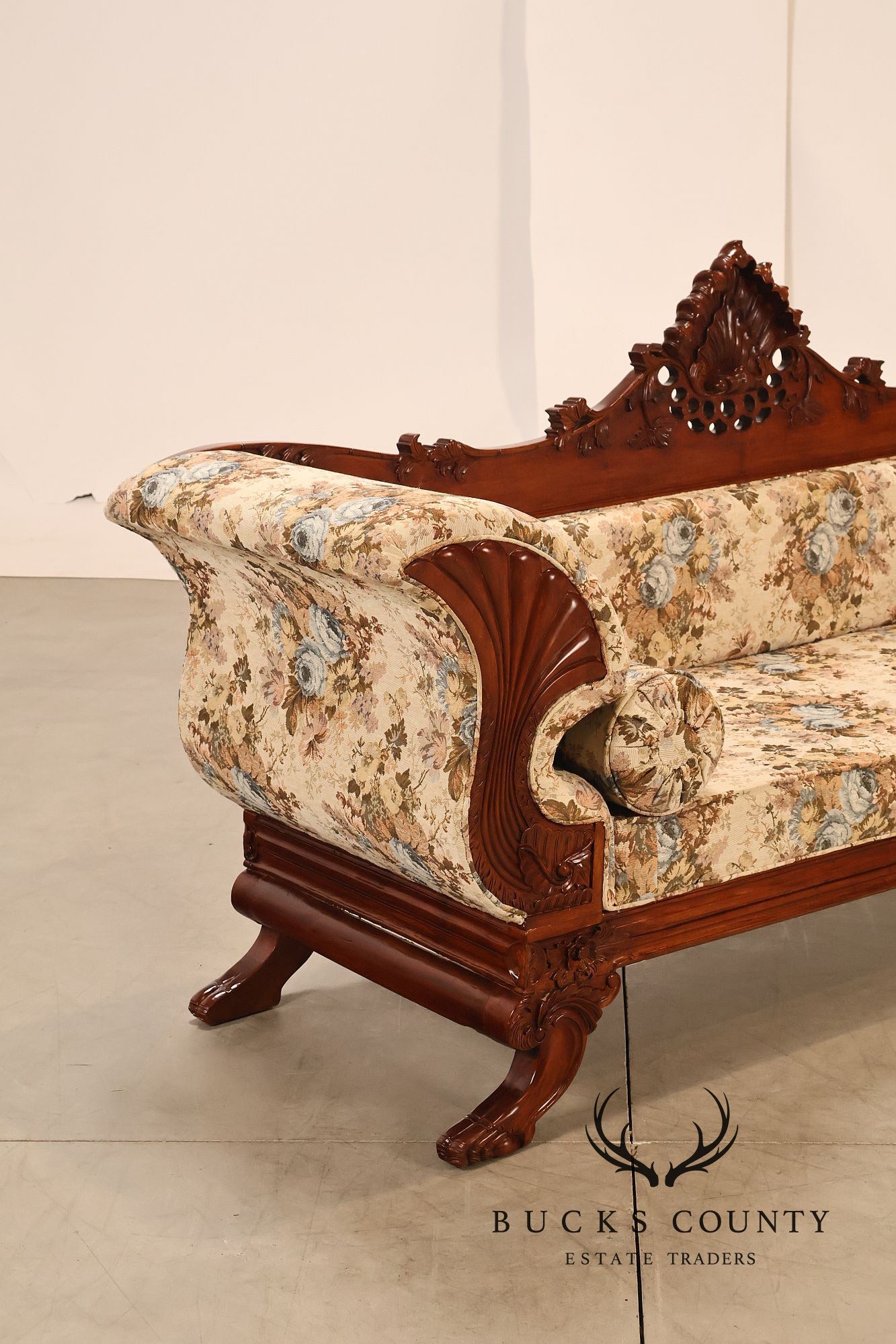 Victorian Style Carved Floral Upholstered Sofa