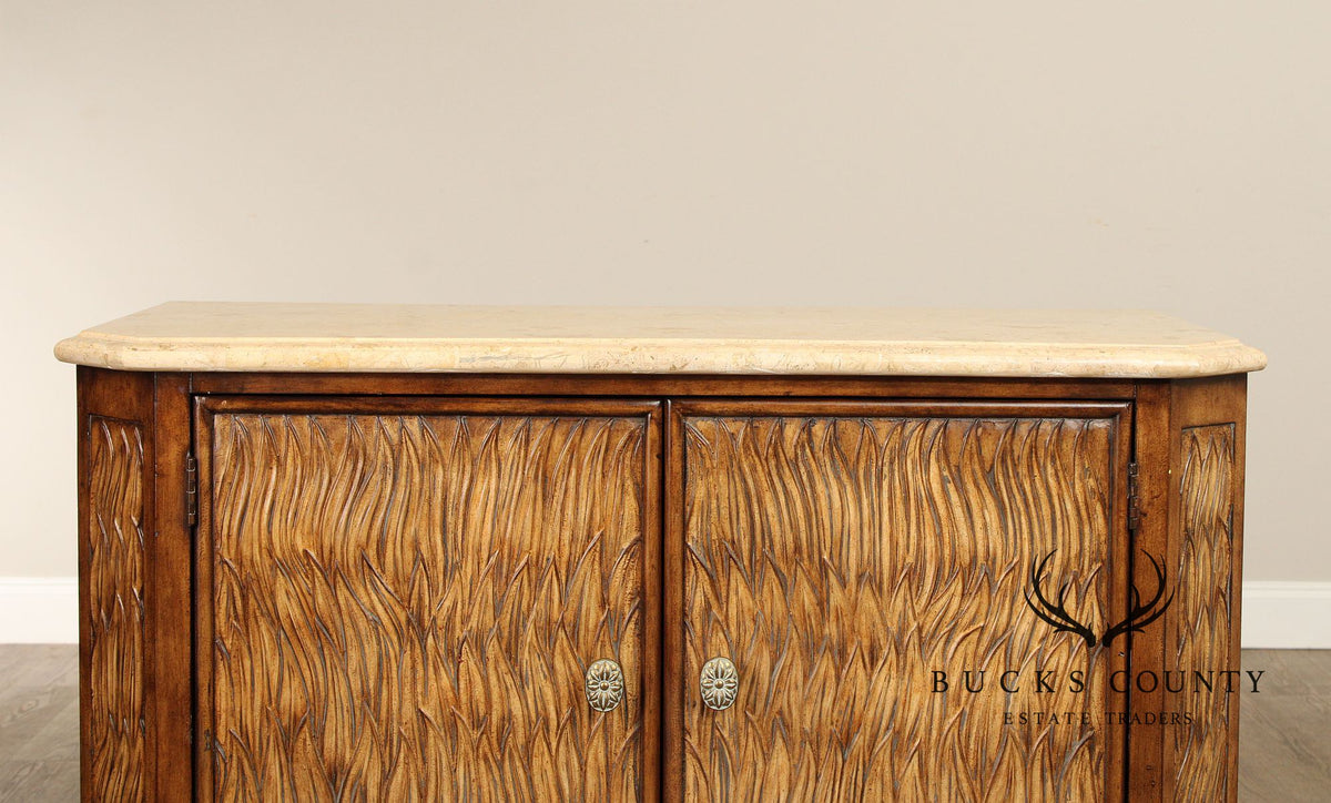 Hollywood Regency Travertine Top Console Cabinet