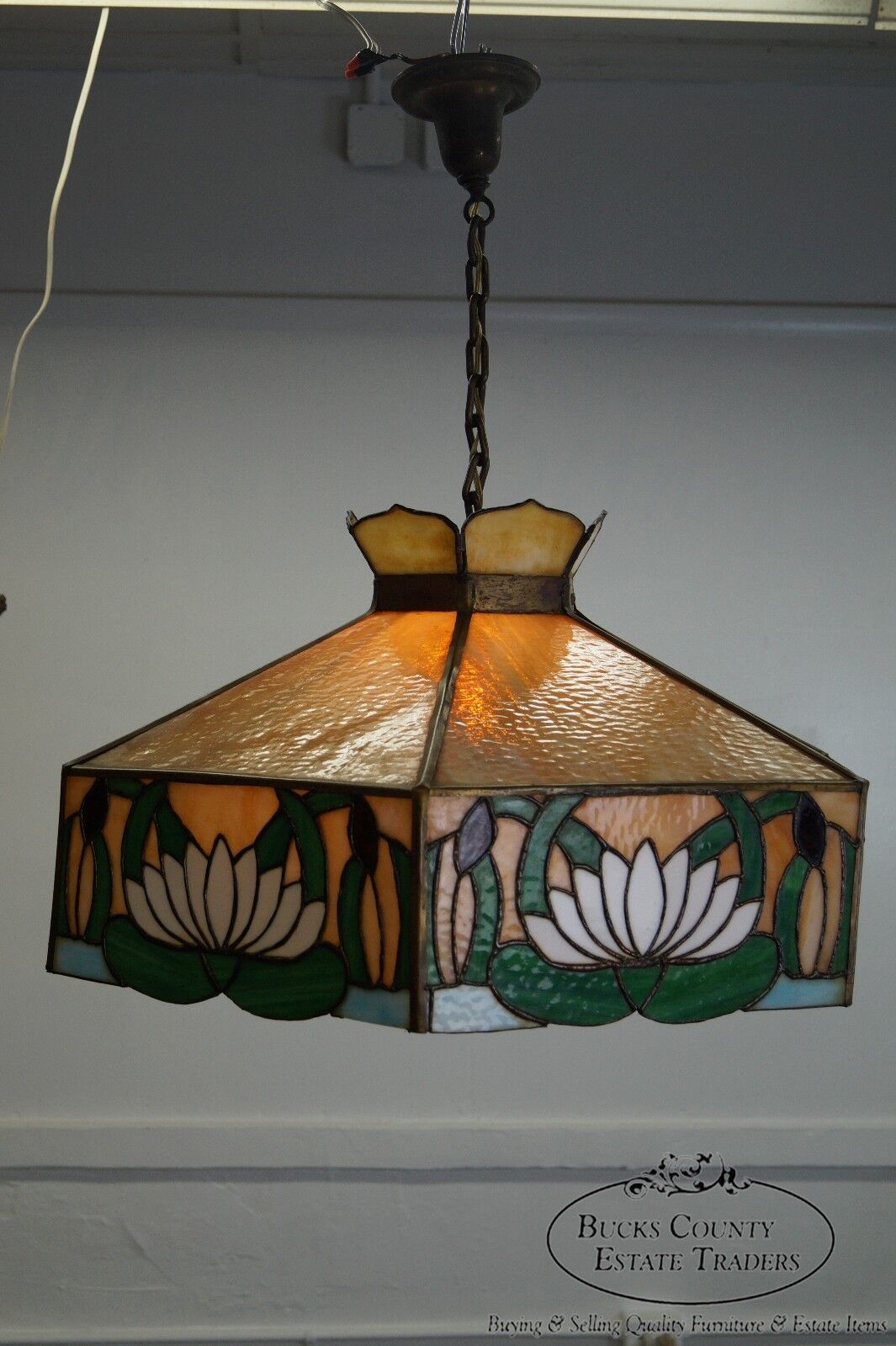 Antique Arts & Crafts Stained Glass Hanging Chandelier Light Fixture