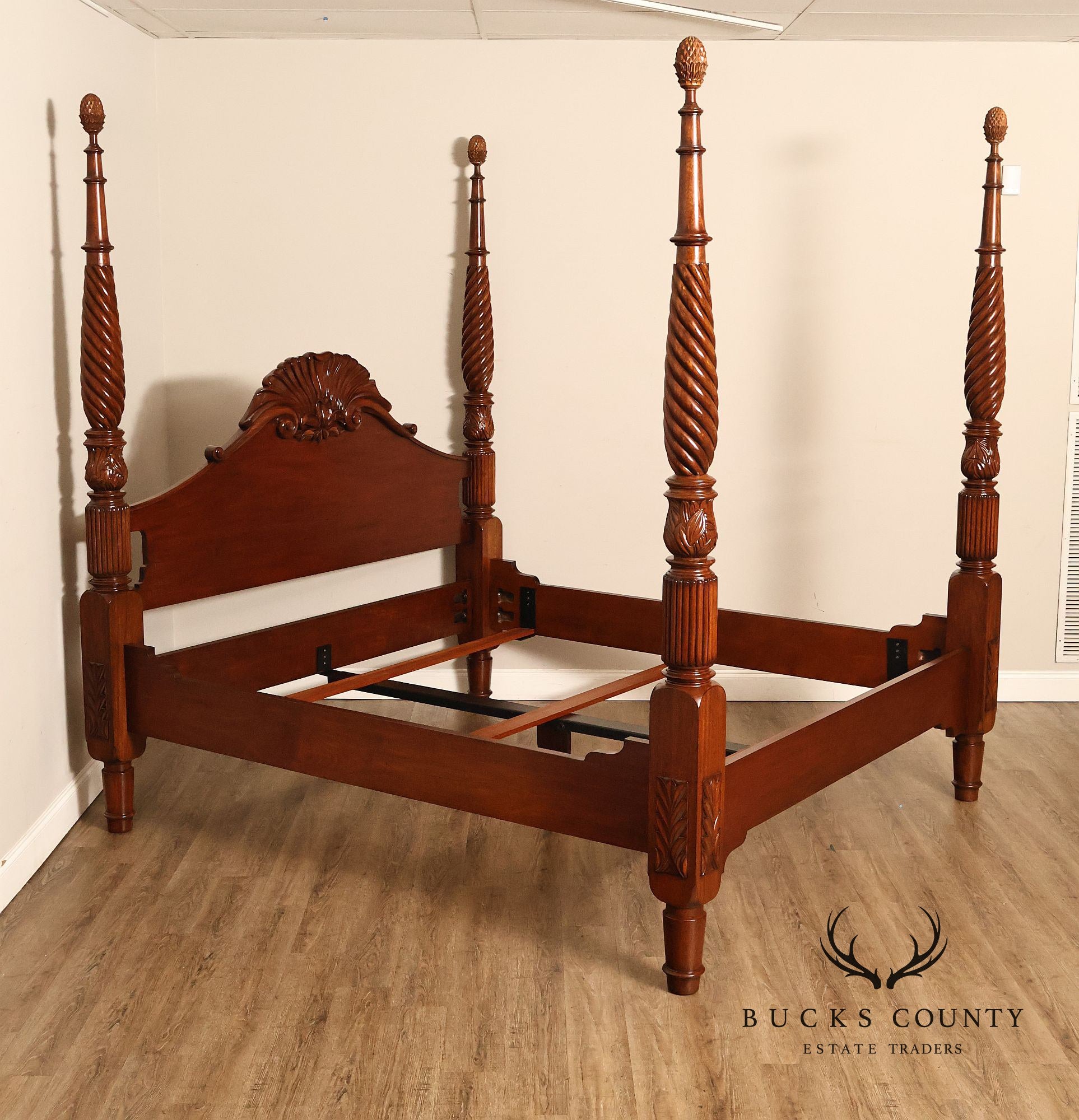 Colonial Revival Carved Mahogany King Size Four Poster Bed