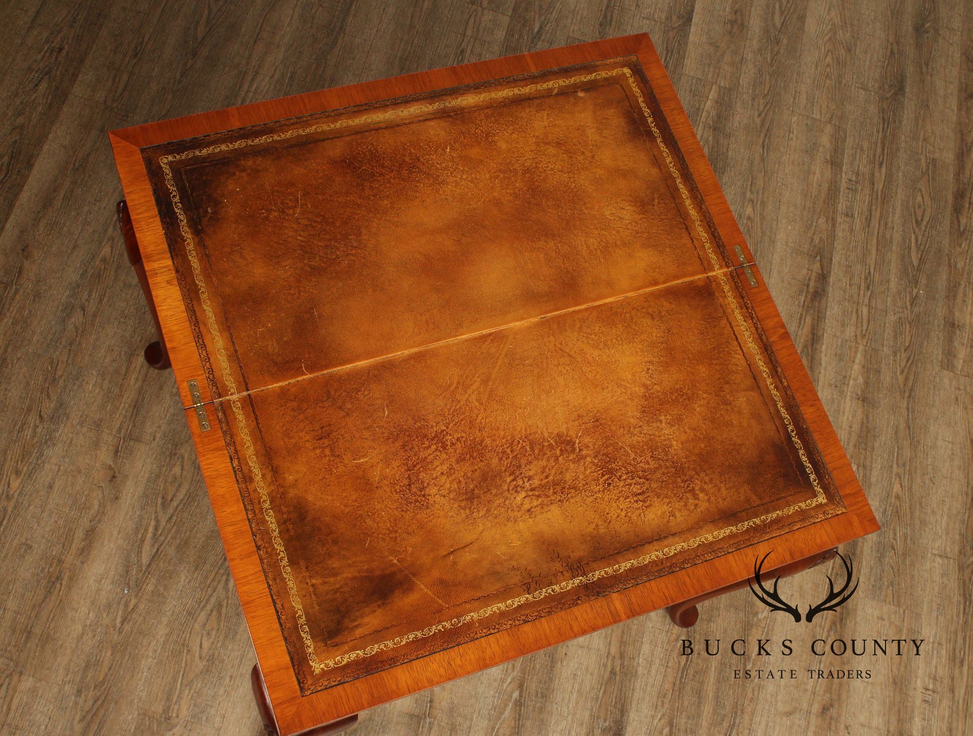 Queen Anne Style Burl Wood Leather Top Folding Games Table