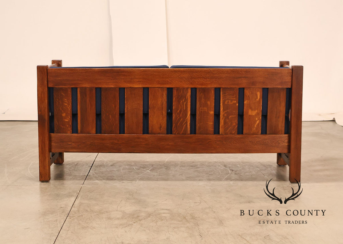 Phoenix Mission Style Quarter Sawn Oak Plank Sofa With Blue Cushions