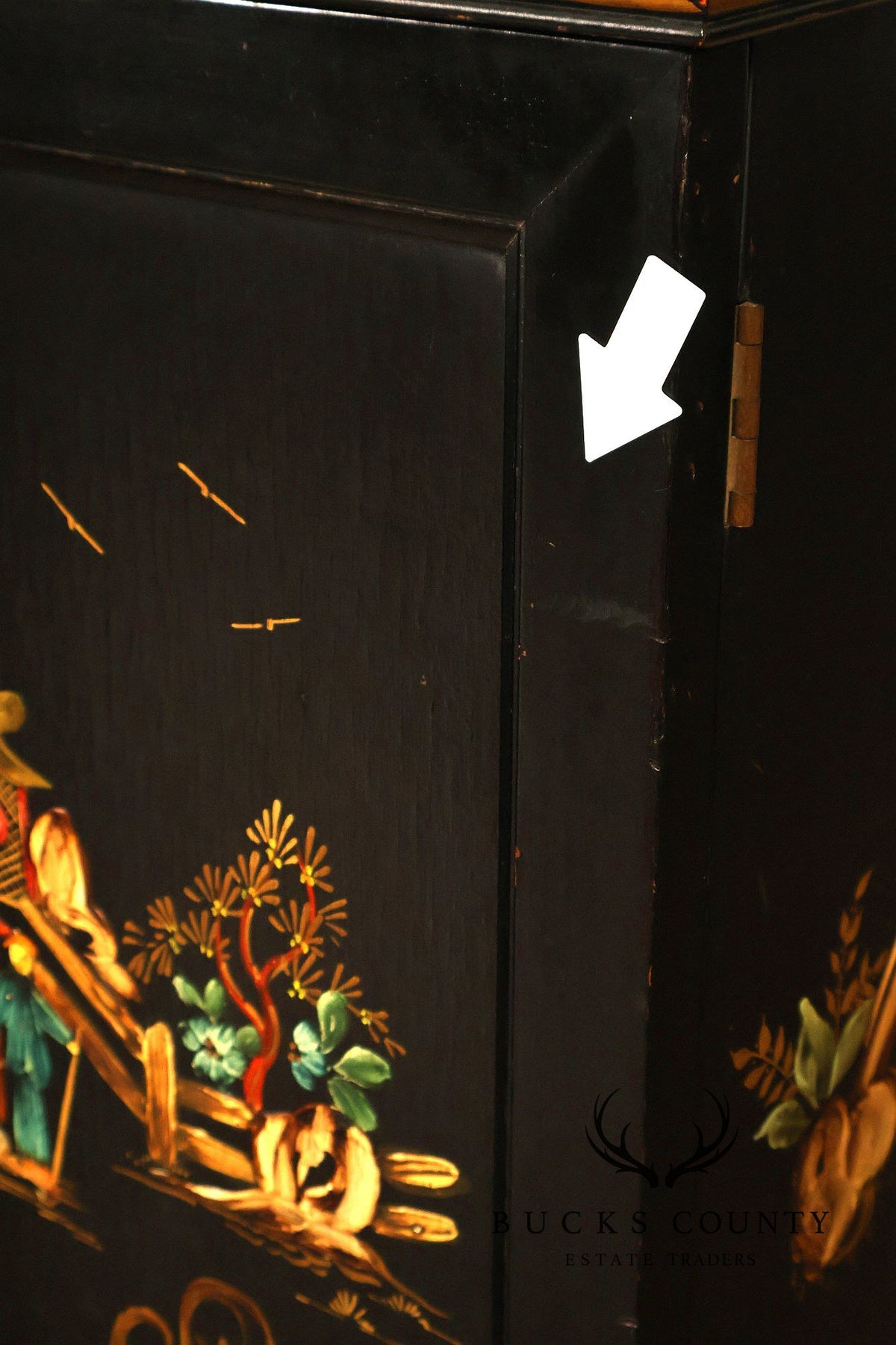 Chinoiserie Style Black Lacquer Hand Painted Sideboard With Hidden Secretary Desk