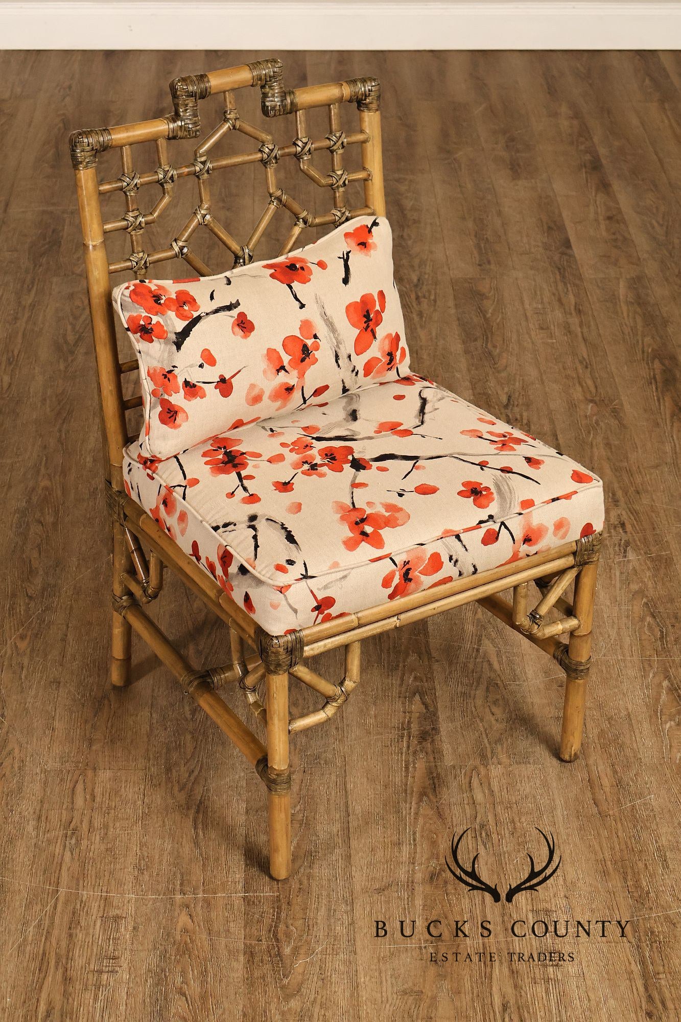 Chinese Chippendale Style Set Of Four Rattan Bamboo Dining Chairs