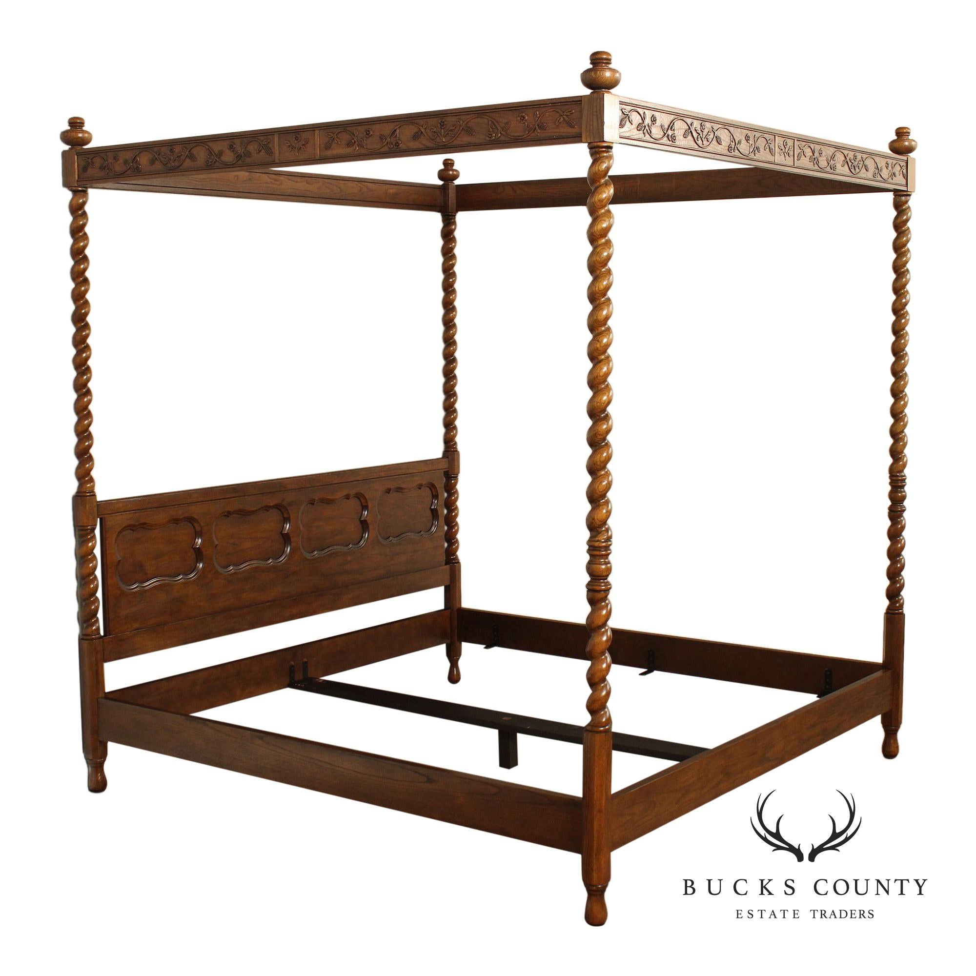 Baker Barley Twist Carved Oak King Size Canopy Poster Bed