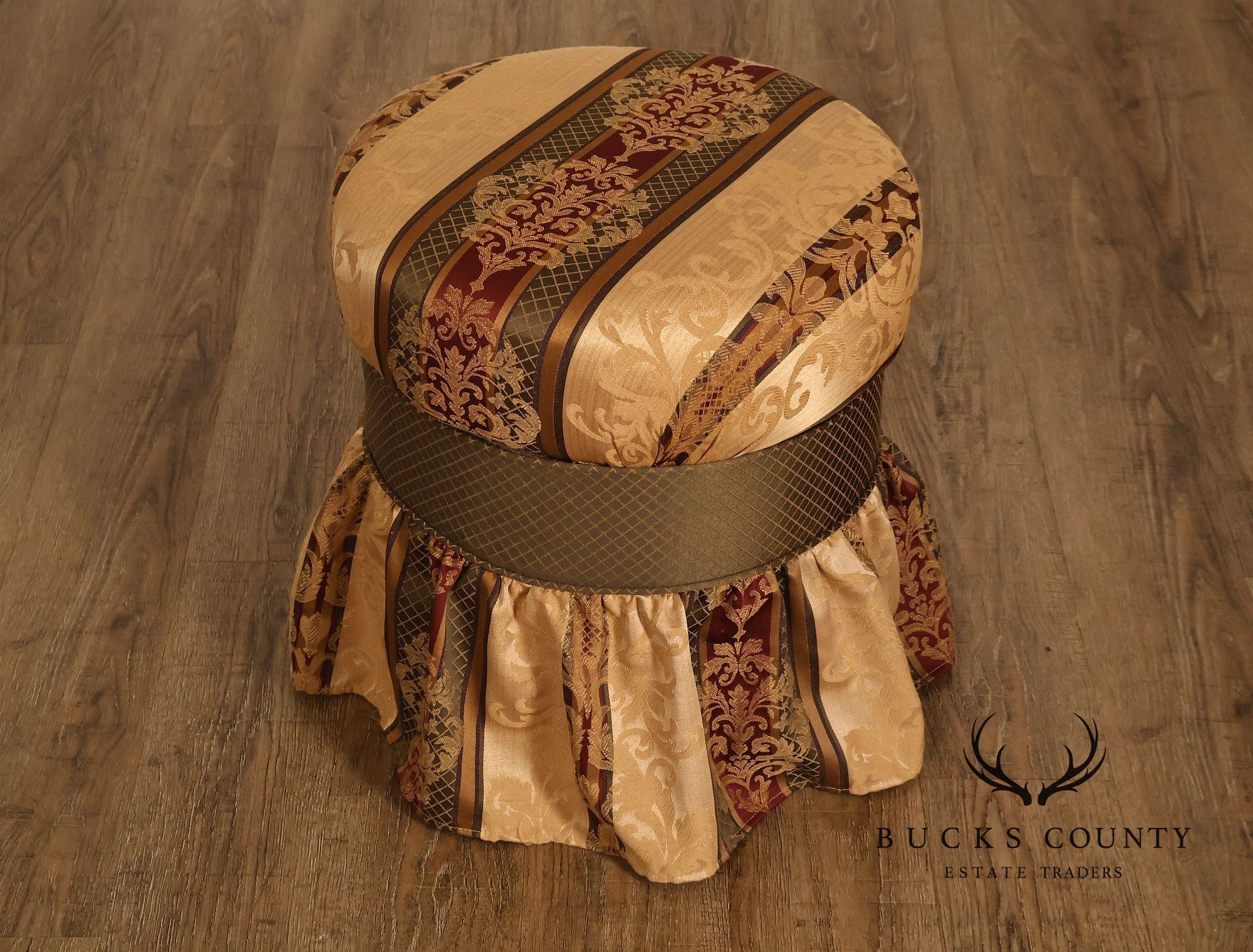 Pair Of Traditional Upholstered Skirted Round Ottomans