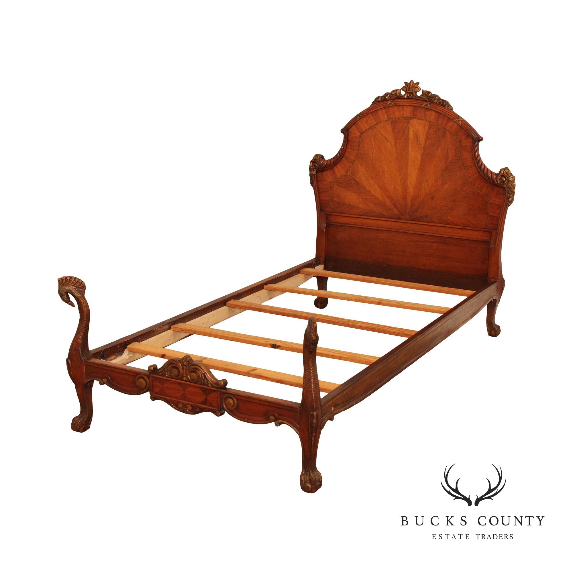 Antique French Rococo Style Peacock Carved Twin Size Bed Frame