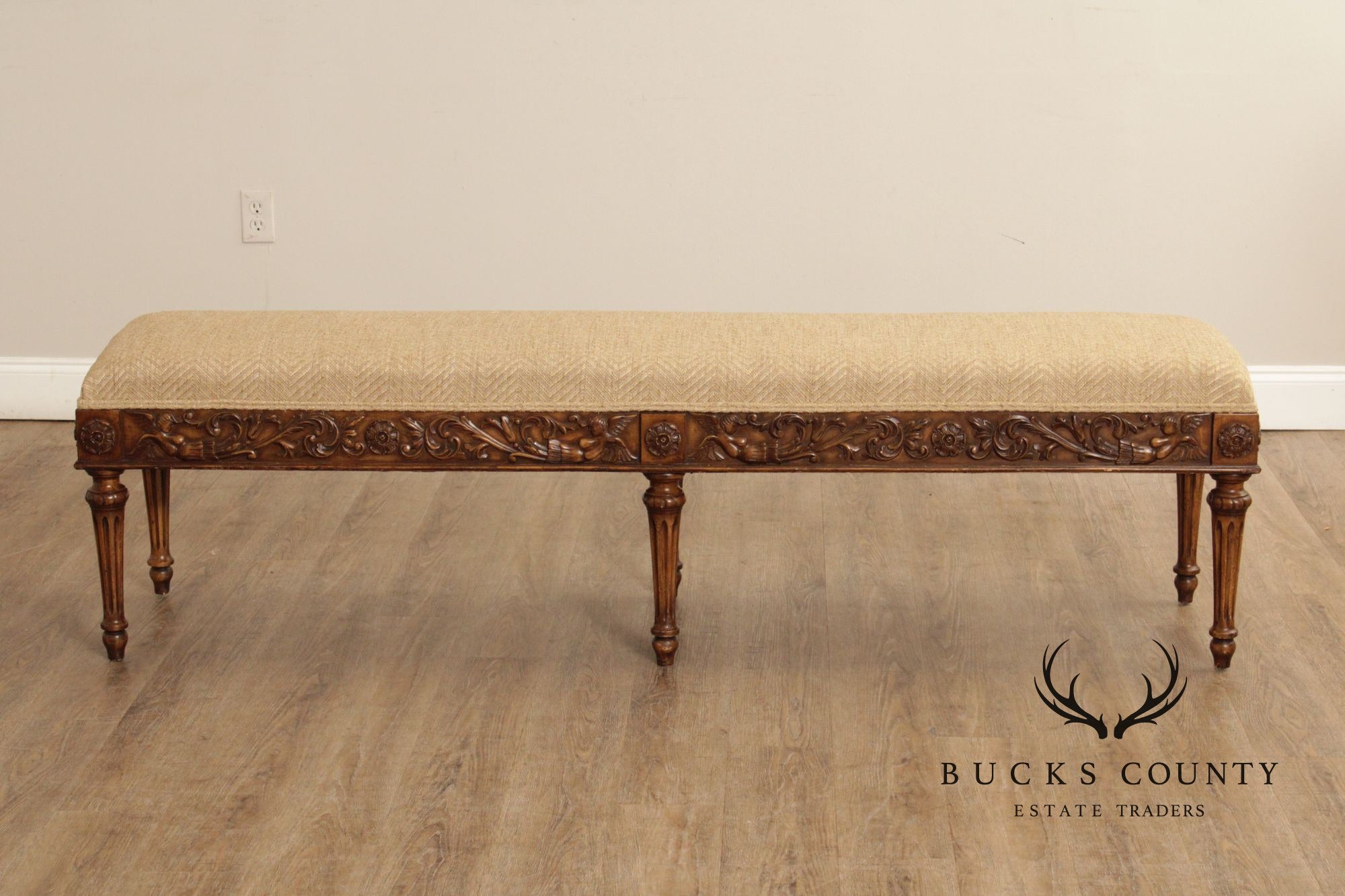 French Louis XVI Style Carved Frame Six Leg Window Bench