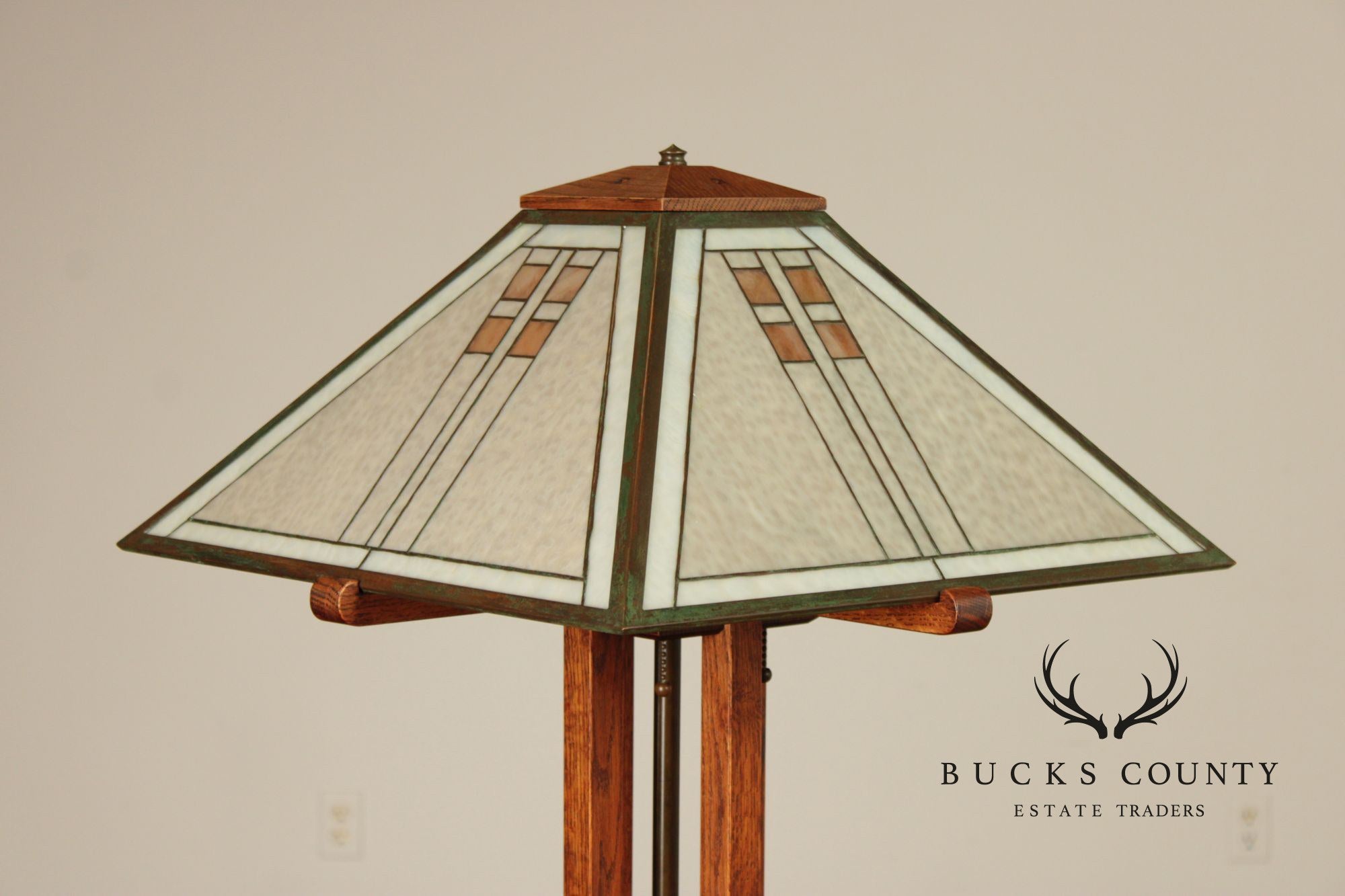 Pair Michael Adams – Aurora Studios Prairie School Oak & Stained Glass Floor Lamps